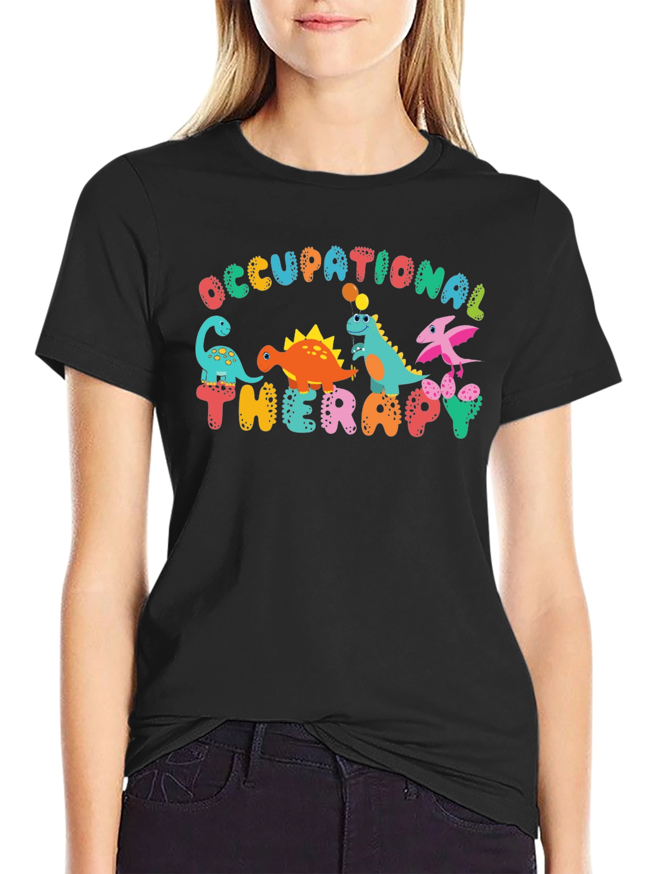 Black Occupational Therapy Dinosaur T-Shirt view 2
