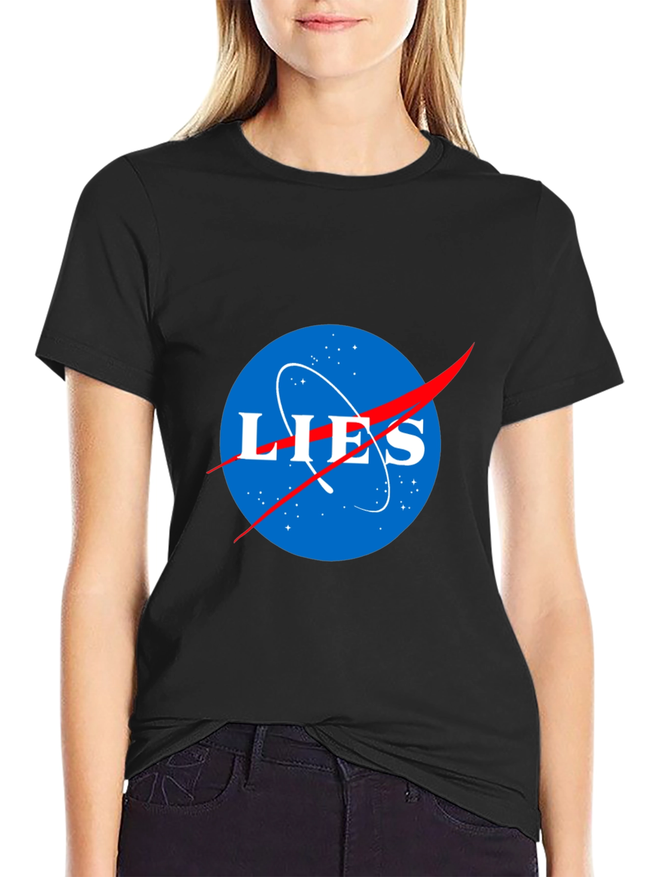 Black LIES NASA Parody T-Shirt - Conspiracy Humor Tee view 2