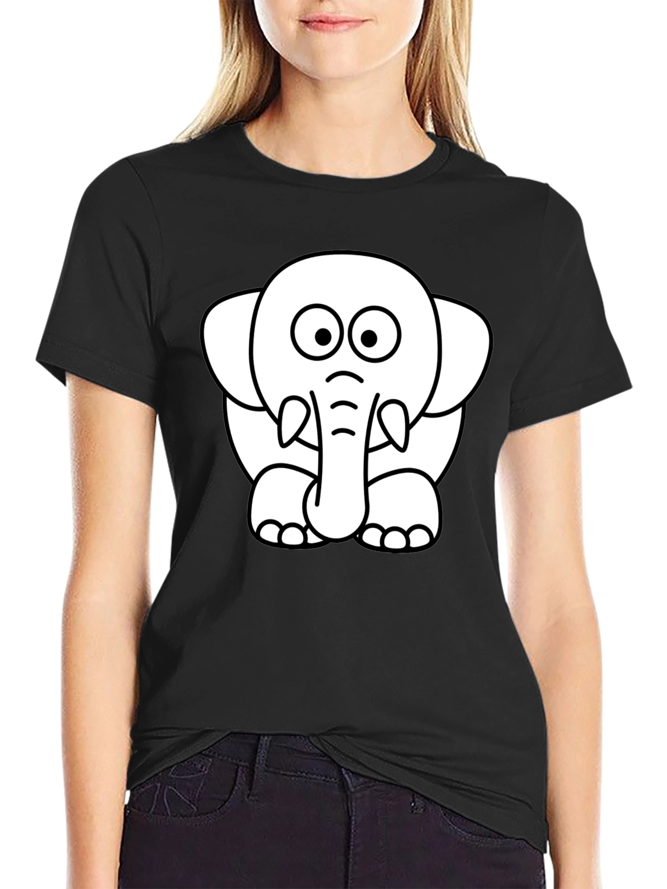 Black Cute Elephant Graphic Tee - Black Cotton T-Shirt view 2