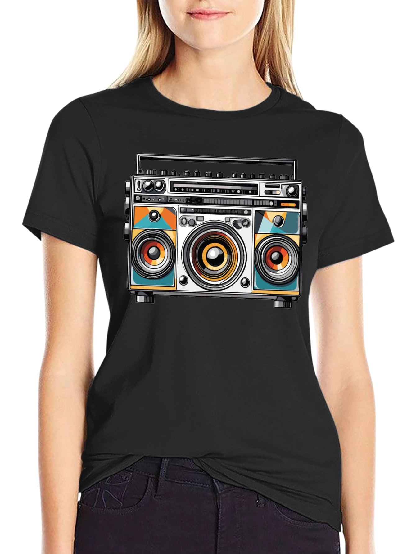 Black Retro Boombox Graphic Tee - Cool Music Lover Shirt view 2
