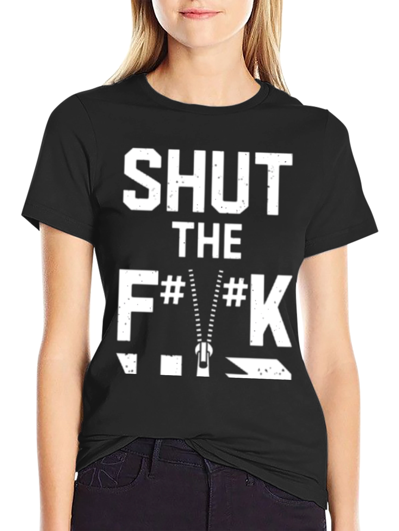 Black Shut The F**K Zipper Black T-Shirt view 2