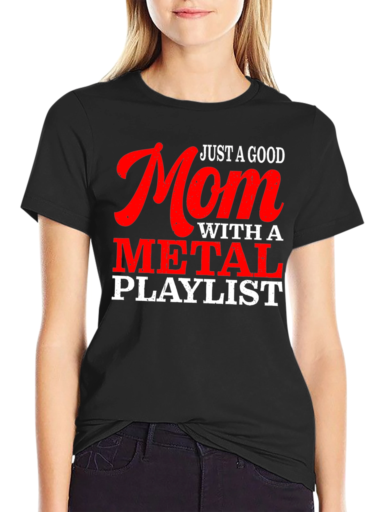 Black Just a Good Mom with a Metal Playlist T-Shirt view 2