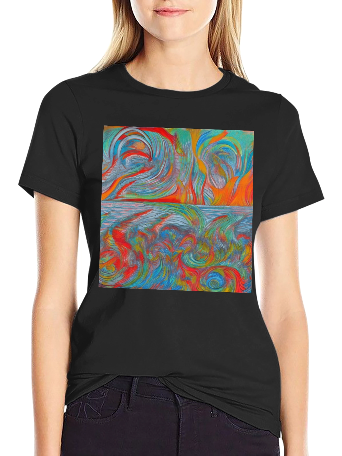 Black Abstract Swirl Art T-Shirt view 2