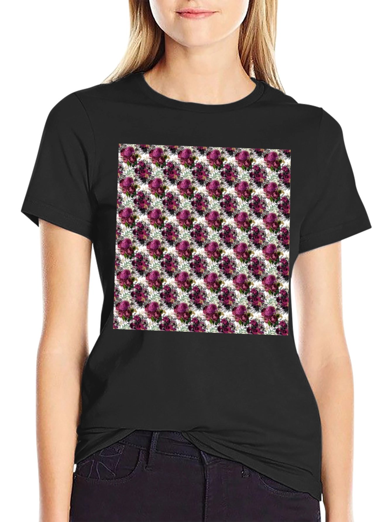 Black Floral Pattern Black T-Shirt view 2