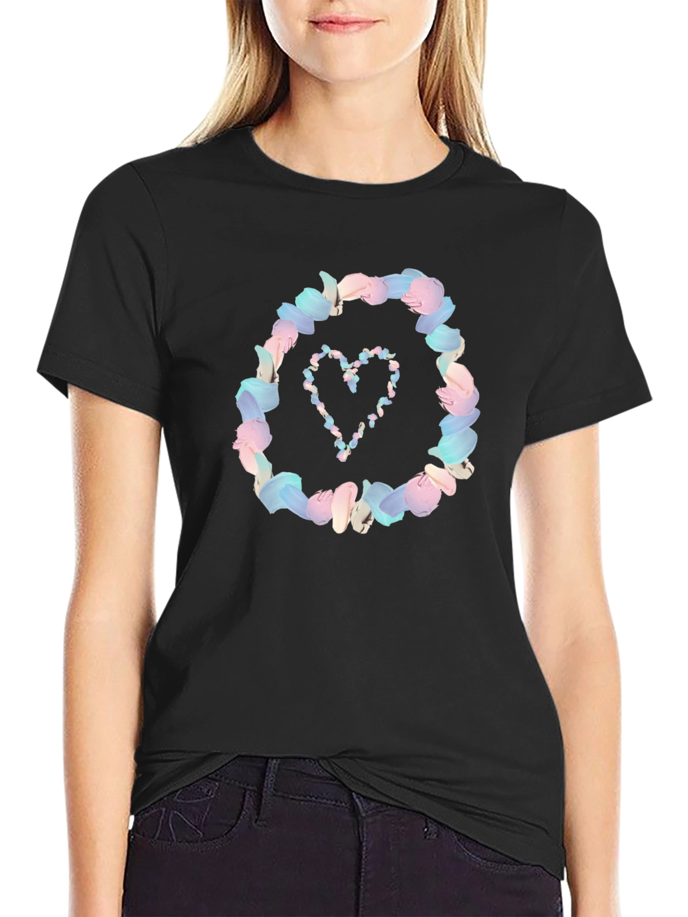 Black Floral Heart Graphic Black T-Shirt view 2