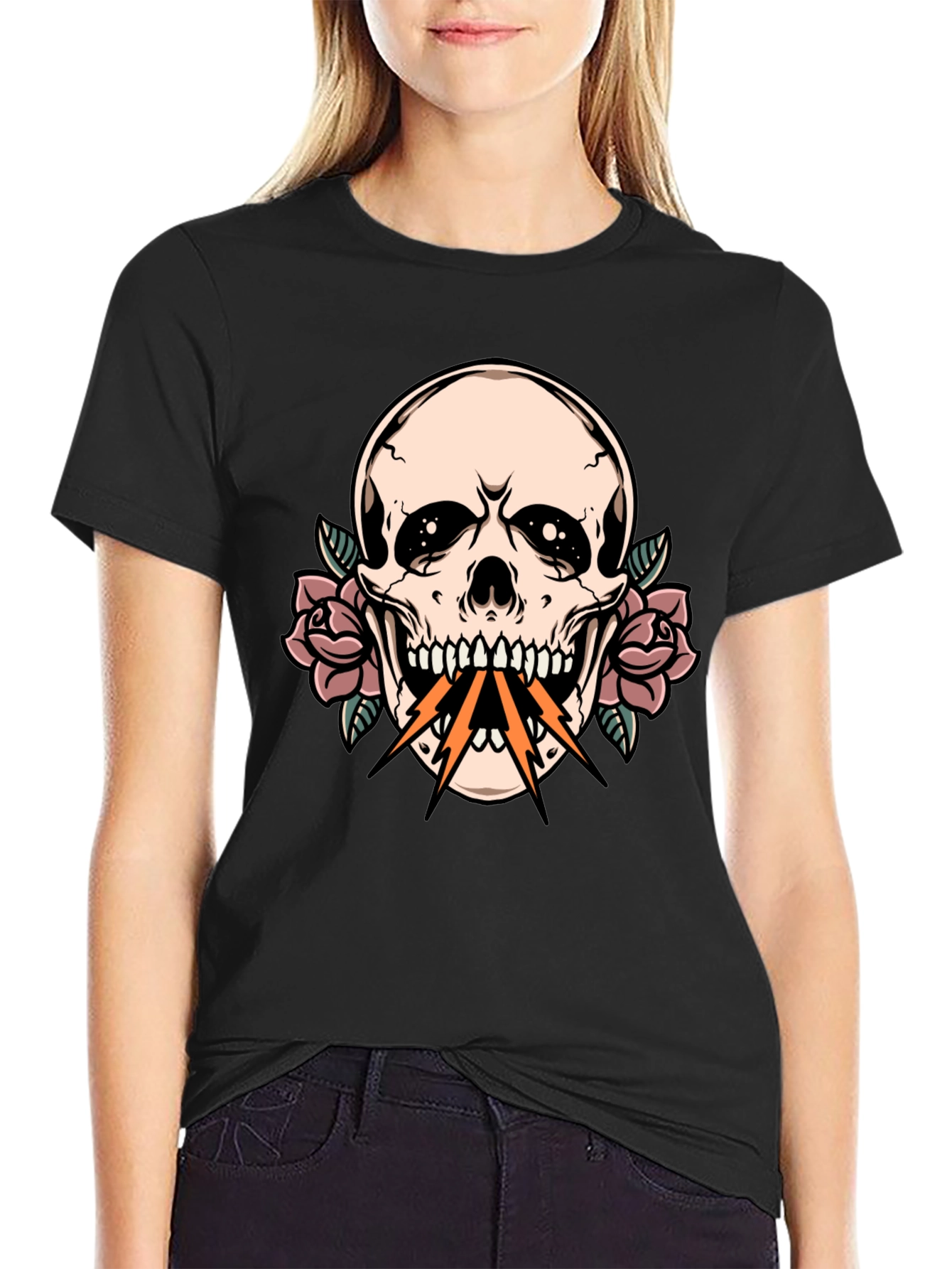 Black Skull & Roses Graphic Tee - Edgy Streetwear view 2