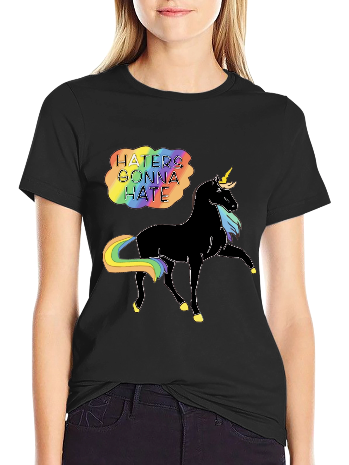 Black Haters Gonna Hate Unicorn Graphic Tee - Black view 2