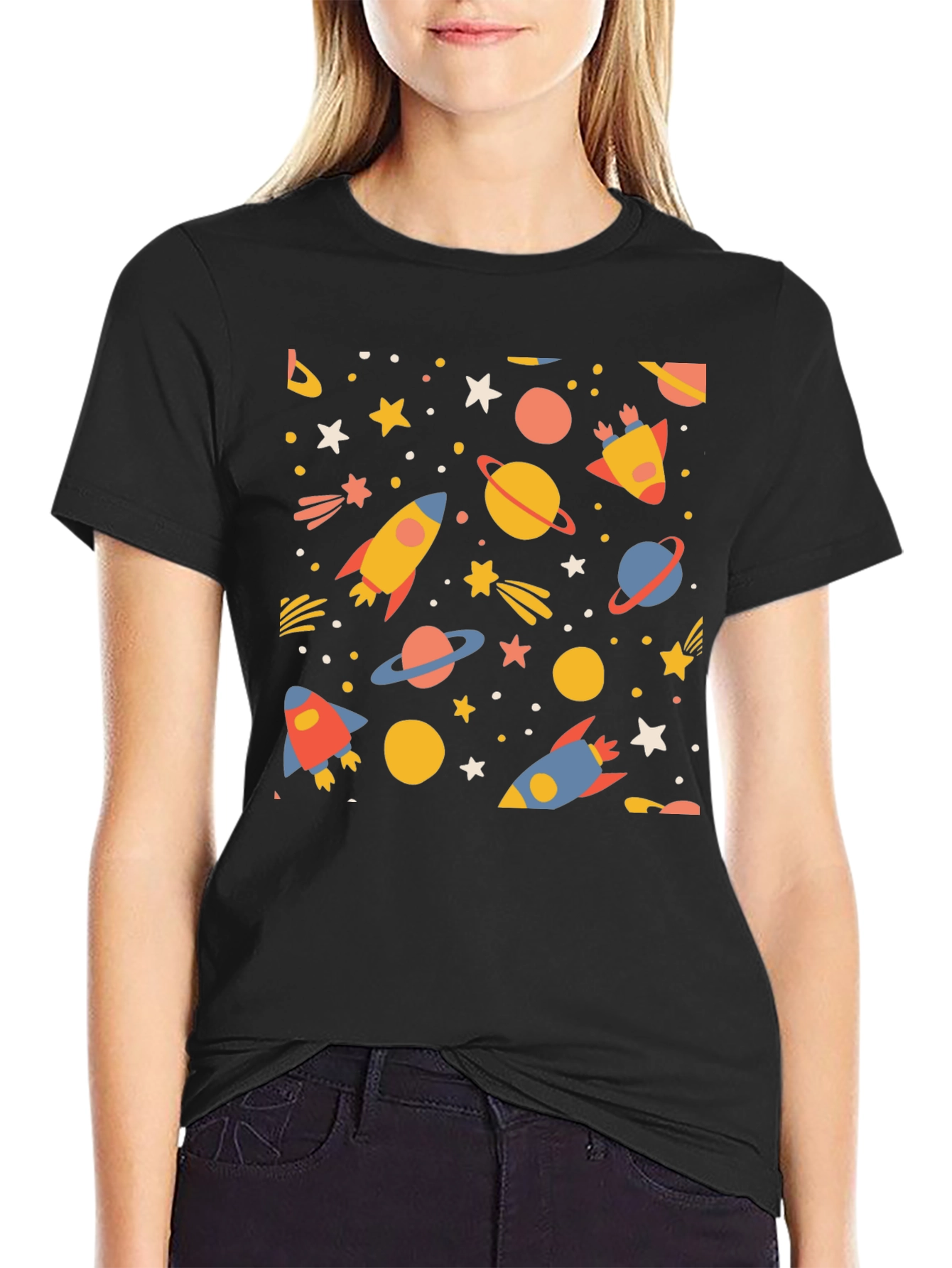 Black Cosmic Adventure T-Shirt - Space Rockets & Planets view 2