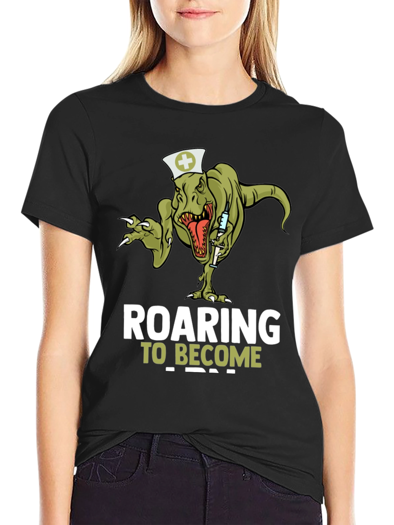 Black Roaring to Become a Nurse T-Shirt - Dinosaur Nurse Tee view 2
