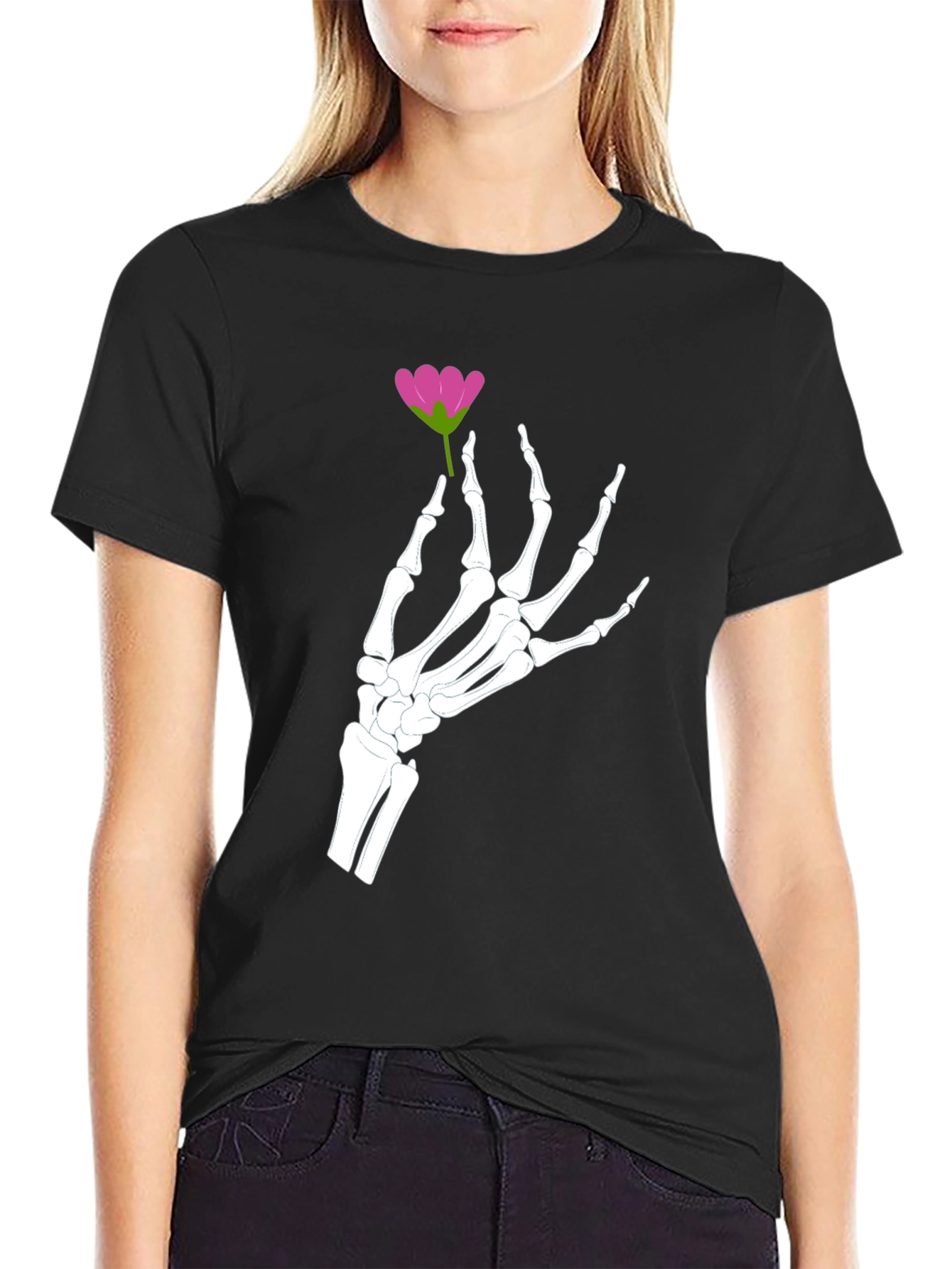 Black Floral Skeleton Hand Graphic Tee - Black view 2