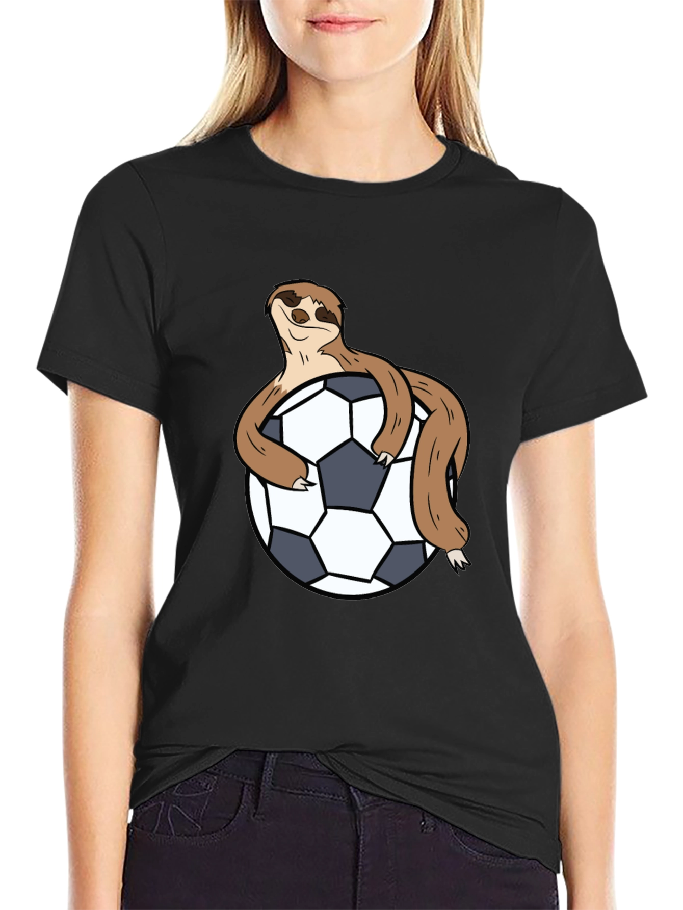 Black Sloth Hugging Soccer Ball Black T-Shirt view 2