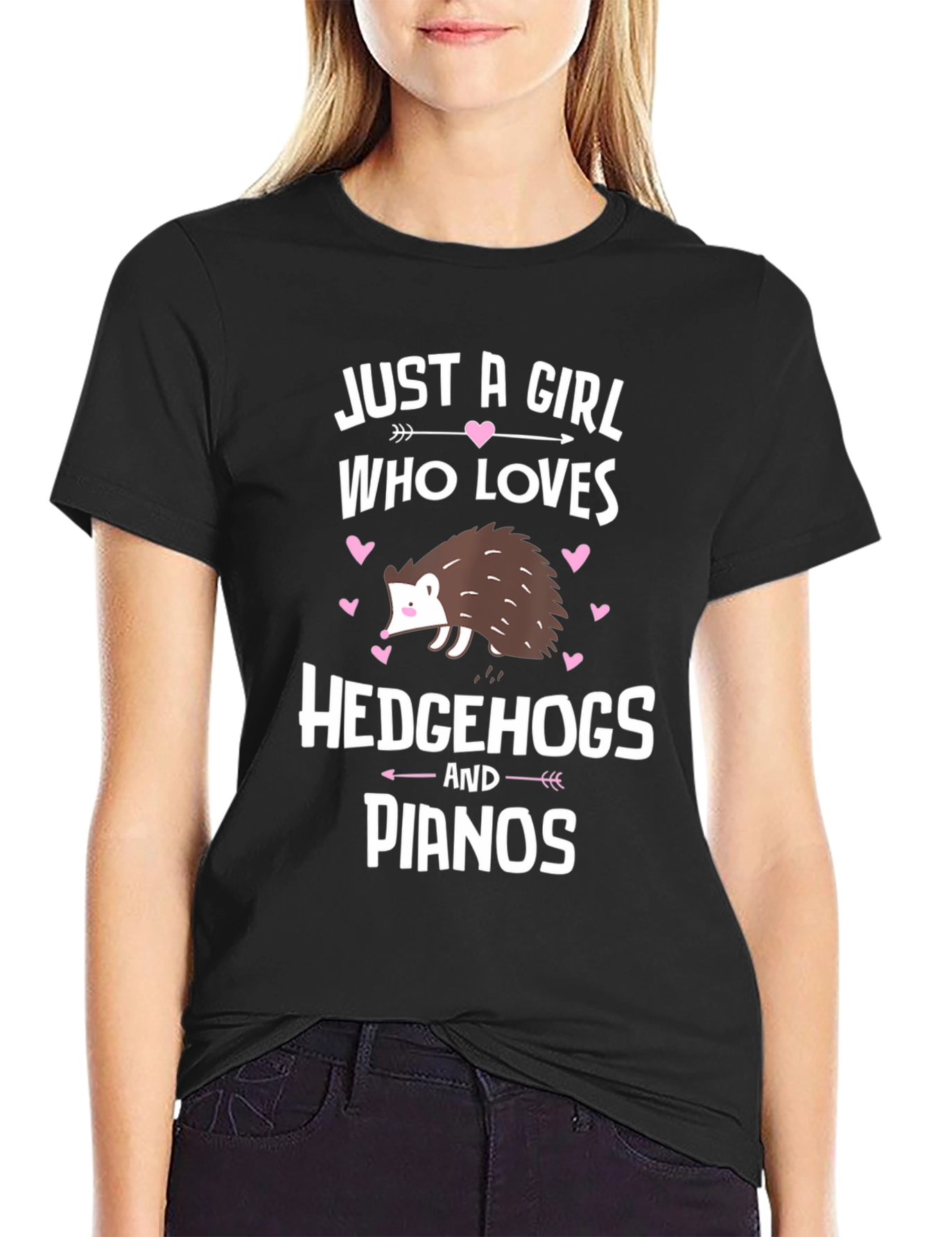 Black Just A Girl Who Loves Hedgehogs and Pianos T-Shirt view 2