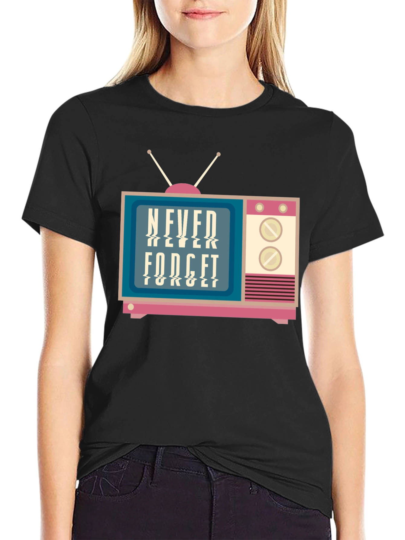 Black Retro TV Never Forget Graphic Tee view 2