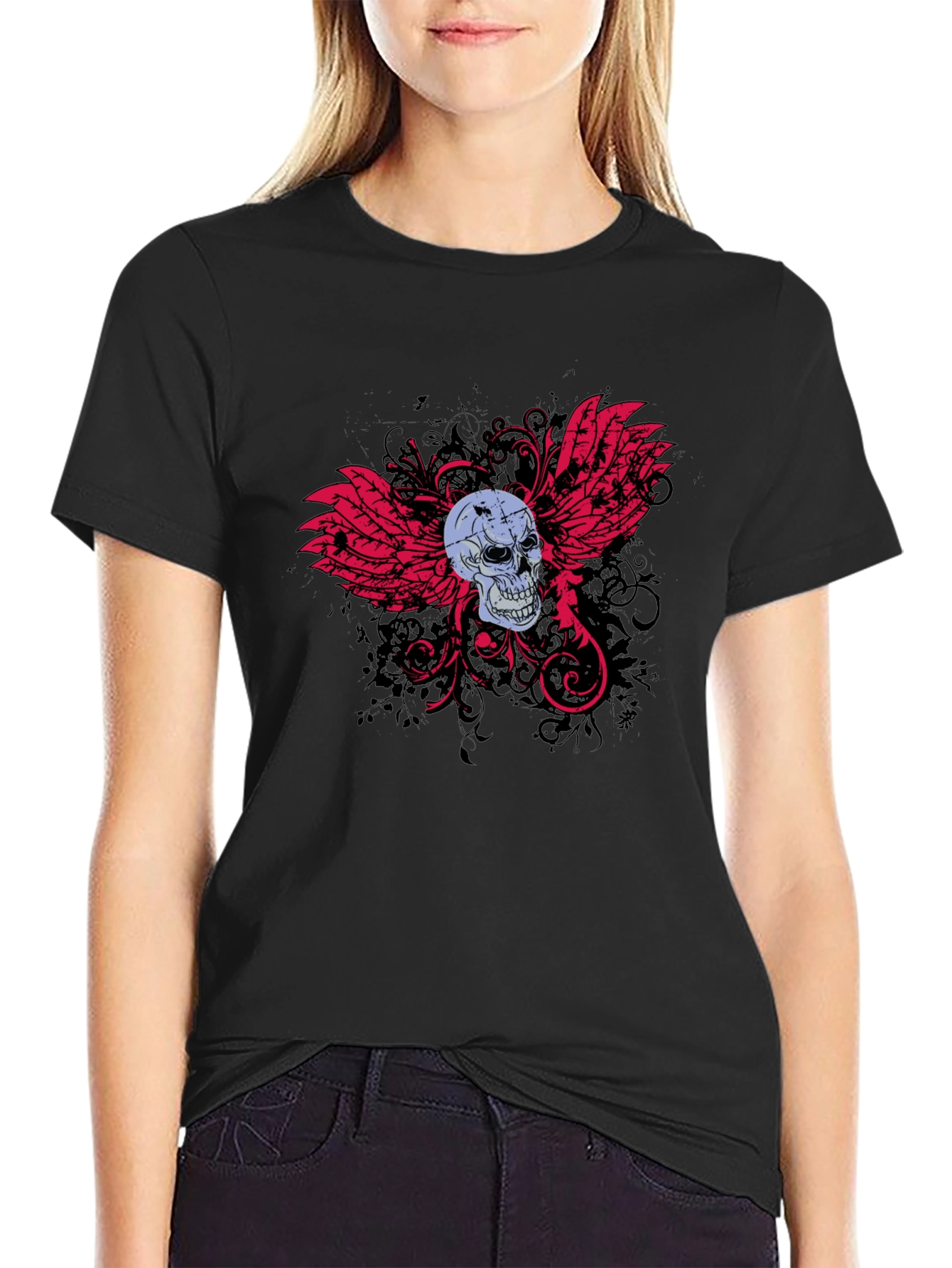 Black Skull & Wings Graphic T-Shirt - Edgy Design view 2