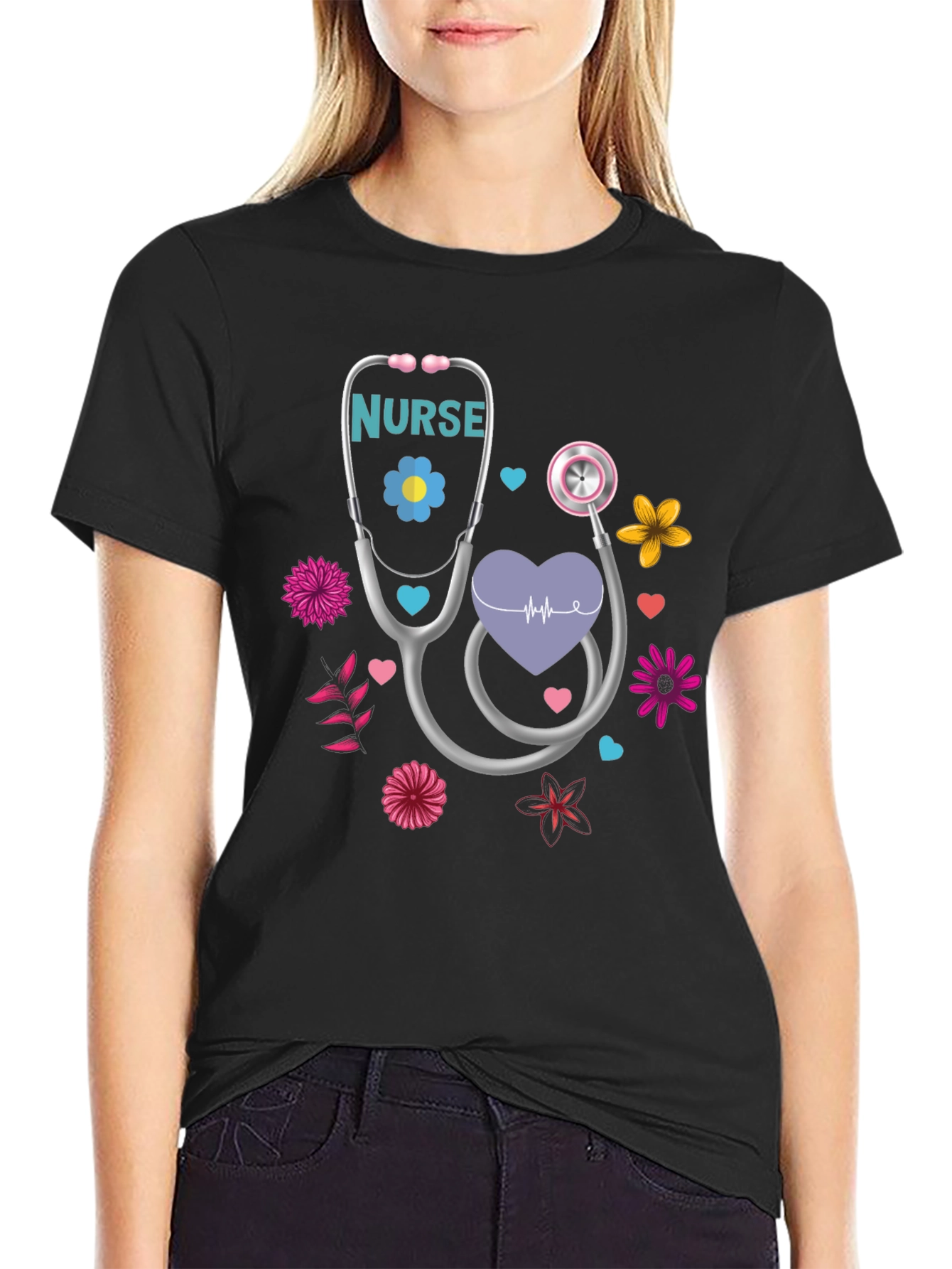 Black Nurse Stethoscope Floral Heart T-Shirt view 2