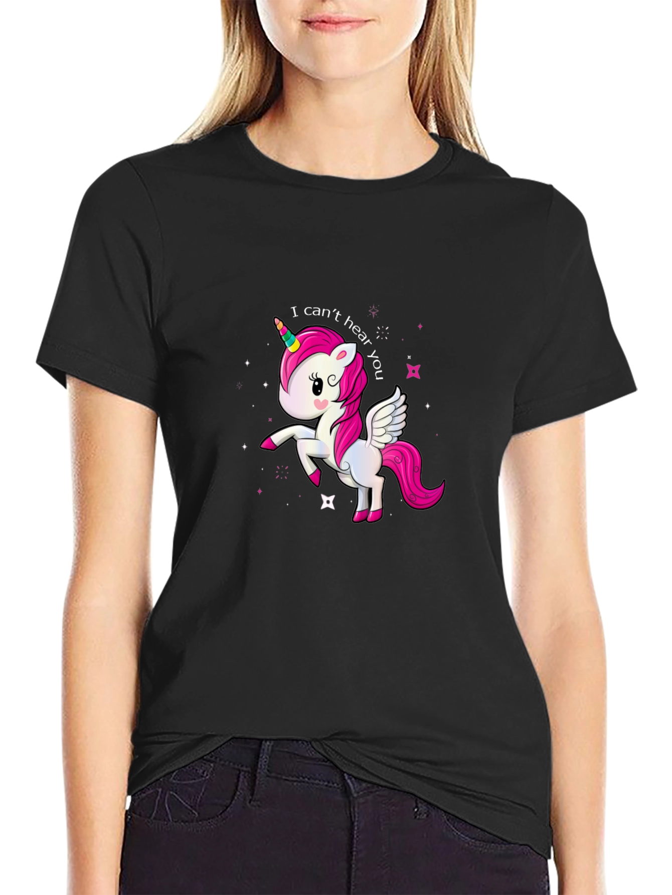 Black Cute Unicorn 'I Can't Hear You' Black T-Shirt view 2