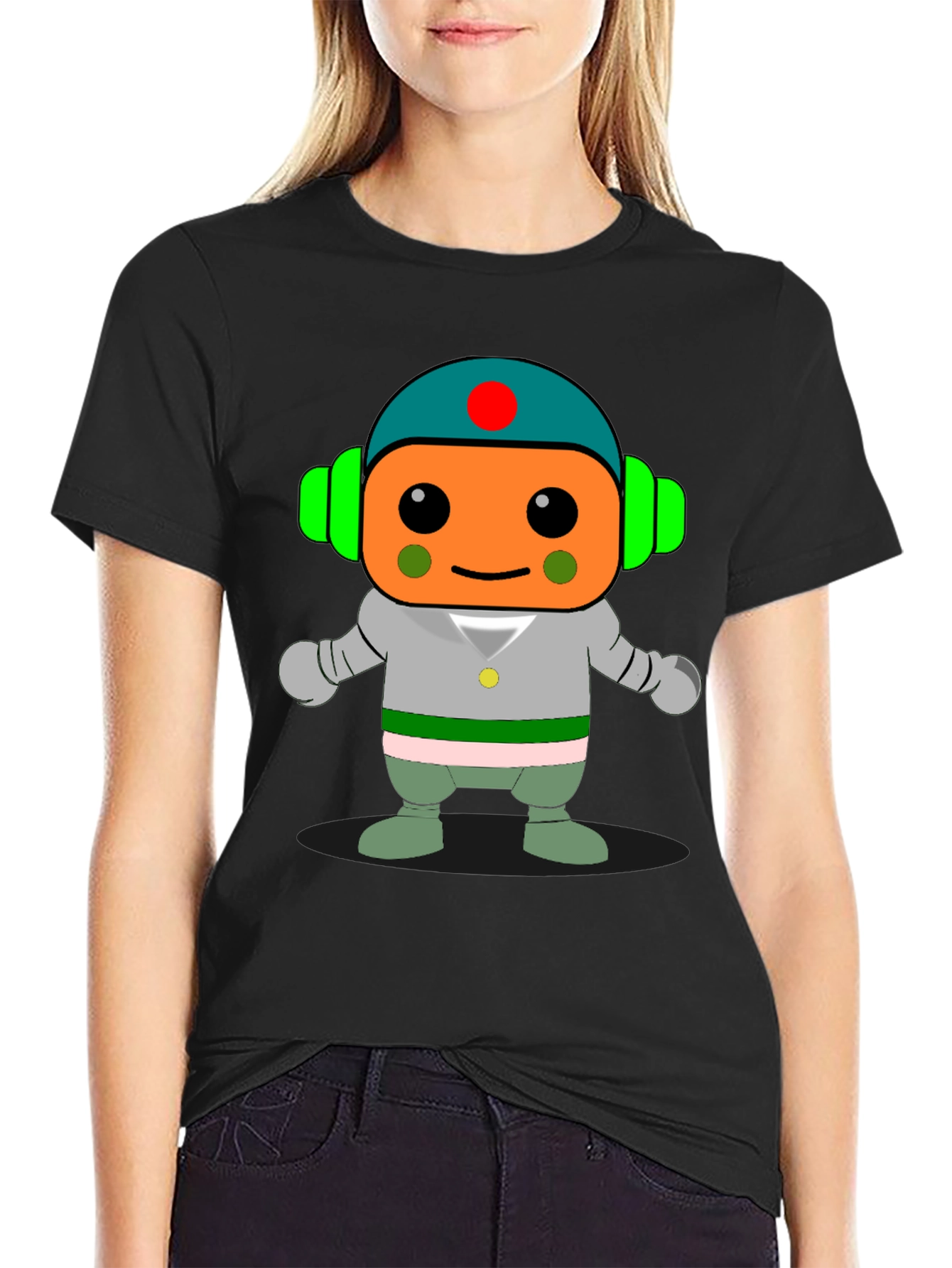 Black Cartoon Robot Graphic Print Black T-Shirt view 2