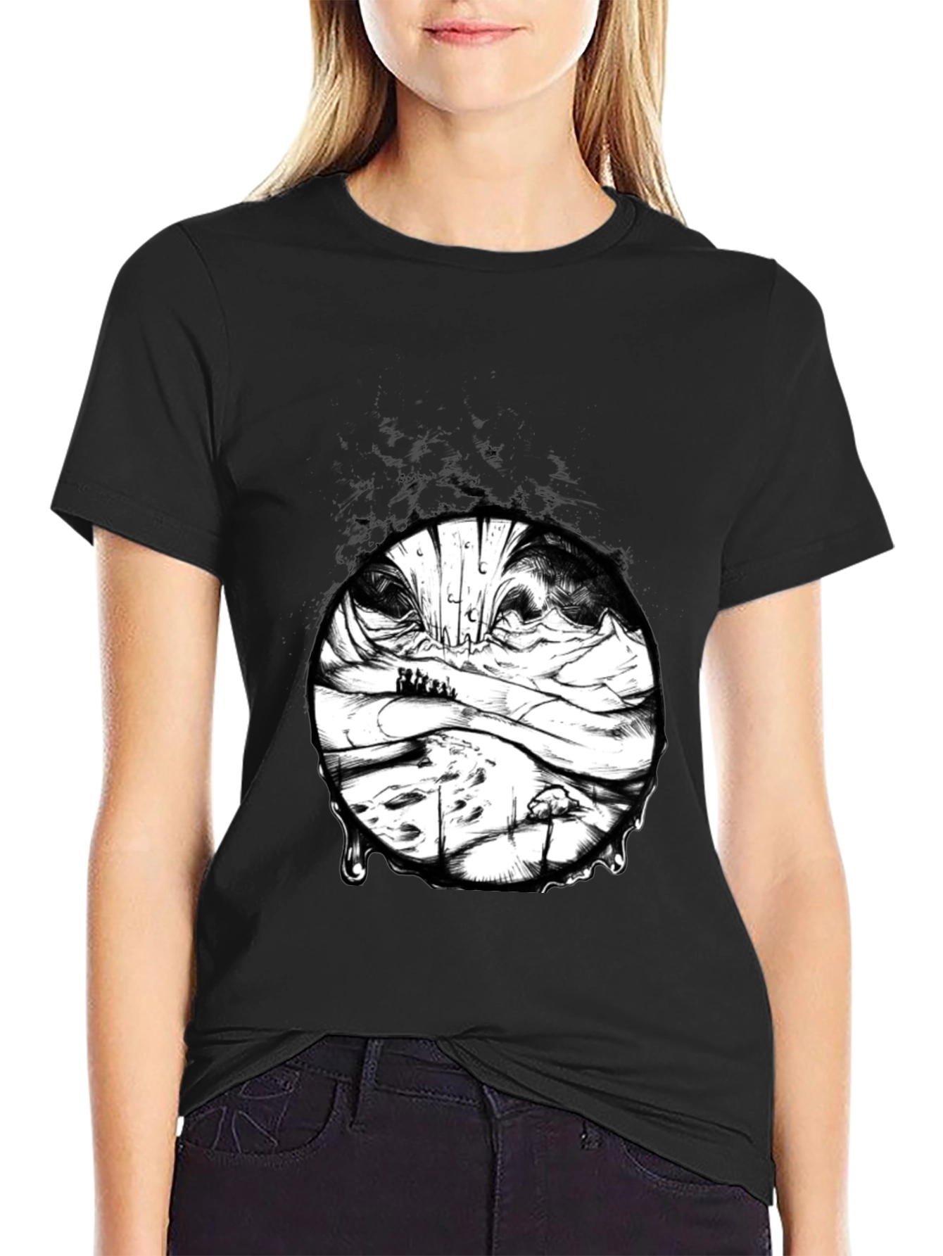 Black Artistic Black T-Shirt with Surreal Landscape Print view 2