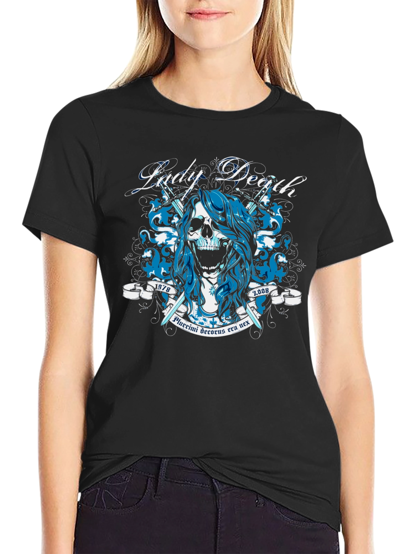 Black Lady Death Graphic Tee - Skull & Swords Design view 2