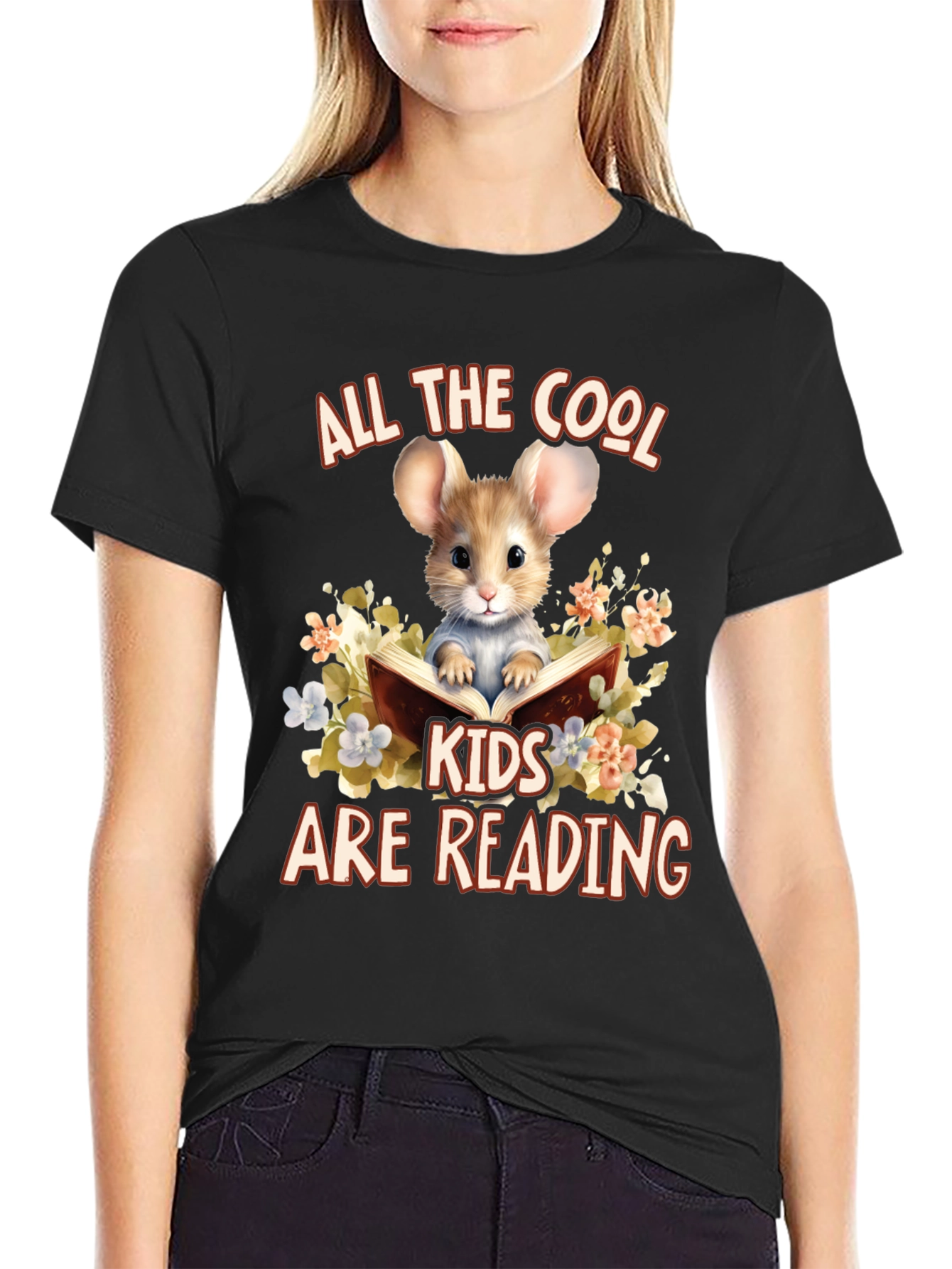 Black Cool Kids Reading Mouse Graphic T-Shirt view 2