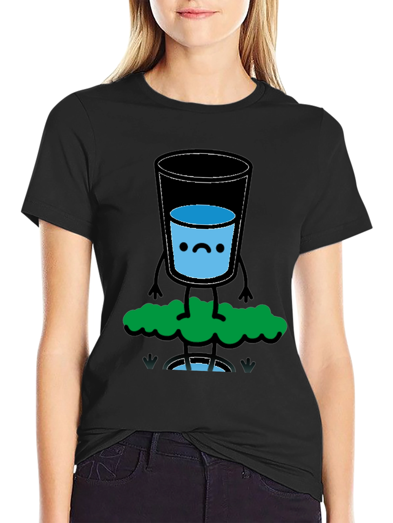 Black Funny Water Glass Graphic Tee - Black Cotton T-Shirt view 2