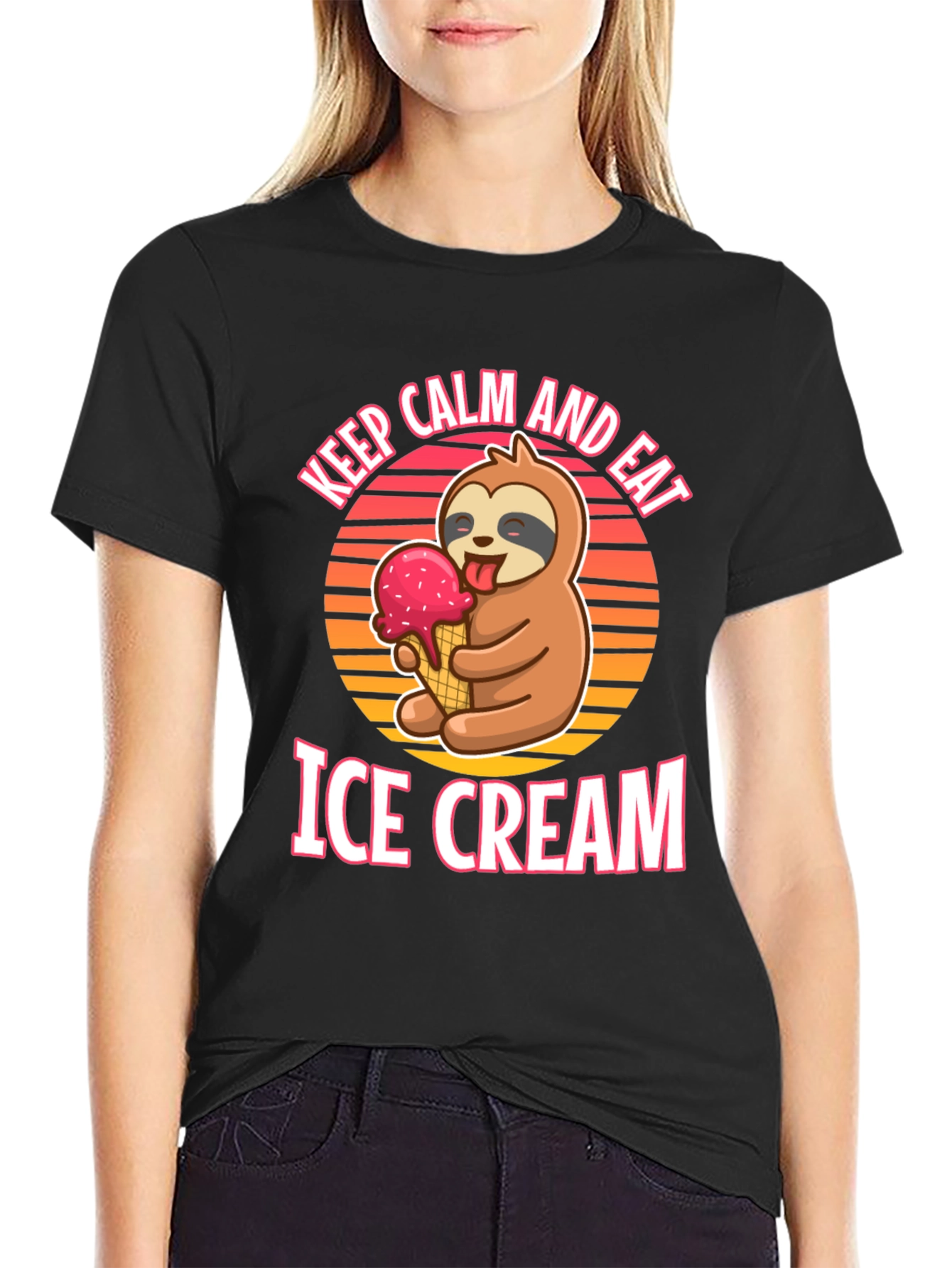 Black Keep Calm and Eat Ice Cream Sloth T-Shirt view 2