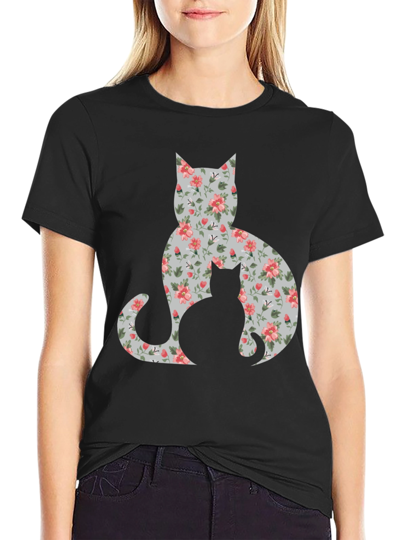 Black Floral Cat Silhouette T-Shirt - Stylish Tee view 2