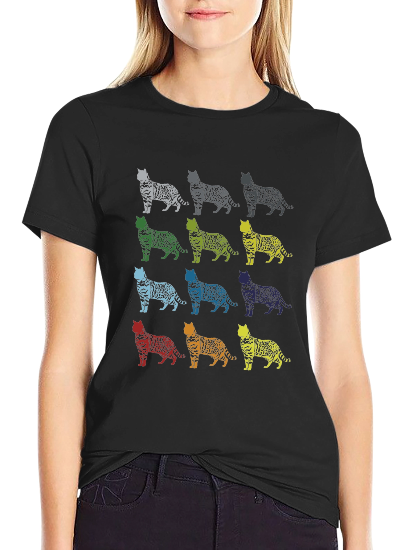 Black Colorful Cat Pattern T-Shirt view 2