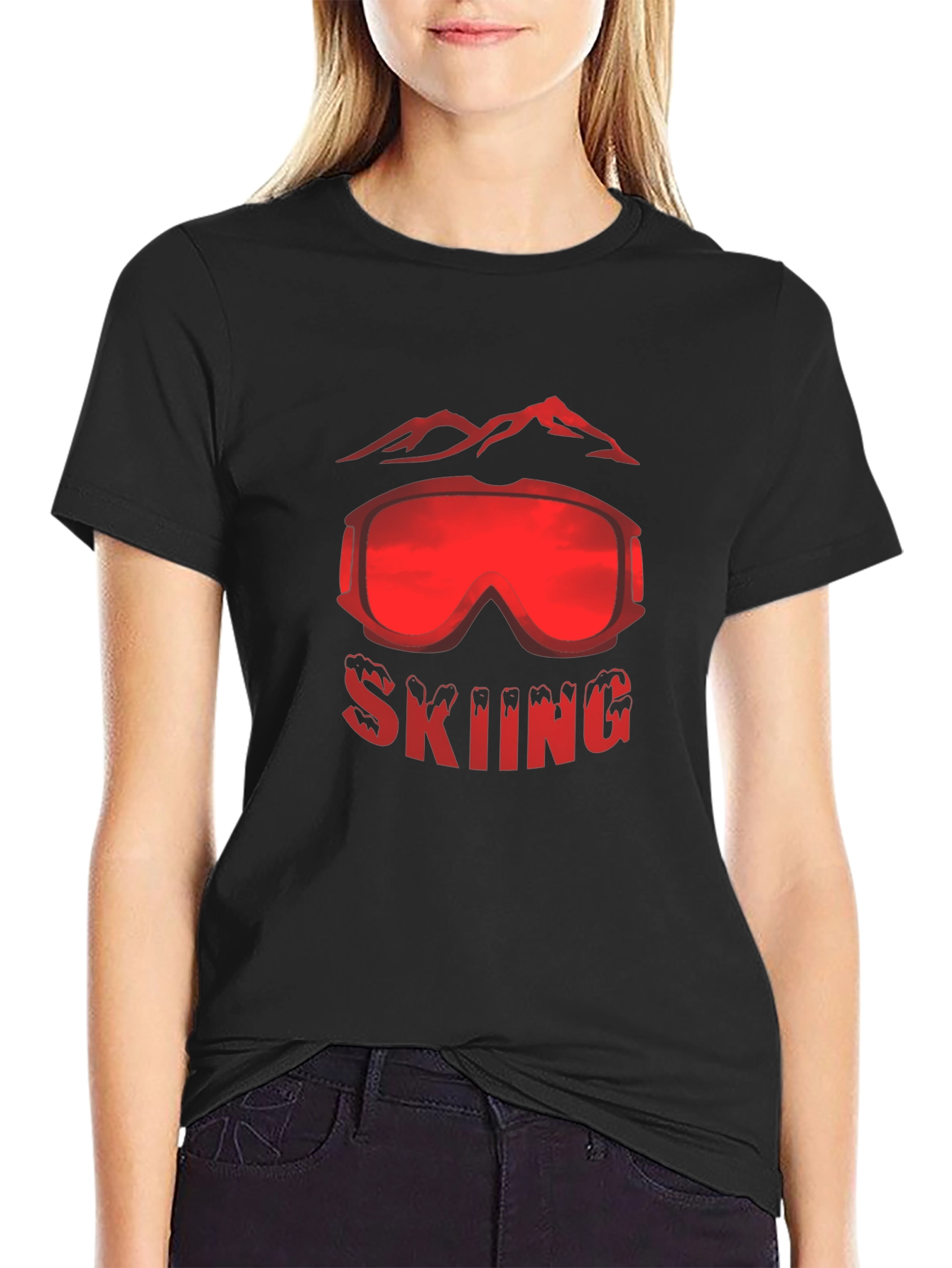 Black Skiing Goggles Mountain Graphic Black T-Shirt view 2