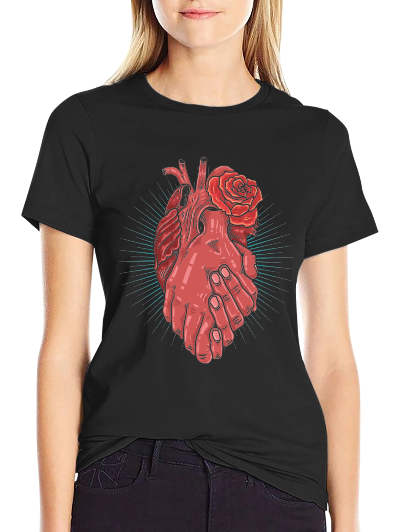 Black Heart and Hands Graphic Tee - Stylish Cotton Blend view 2