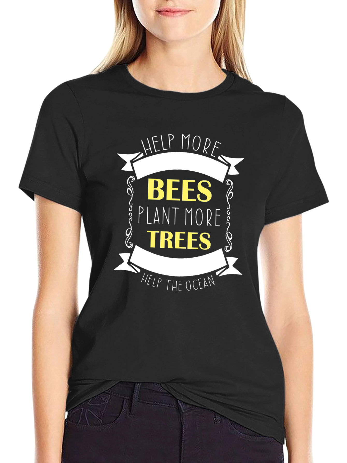 Black Eco-Friendly Tee: Help Bees, Plant Trees, Save Ocean view 2