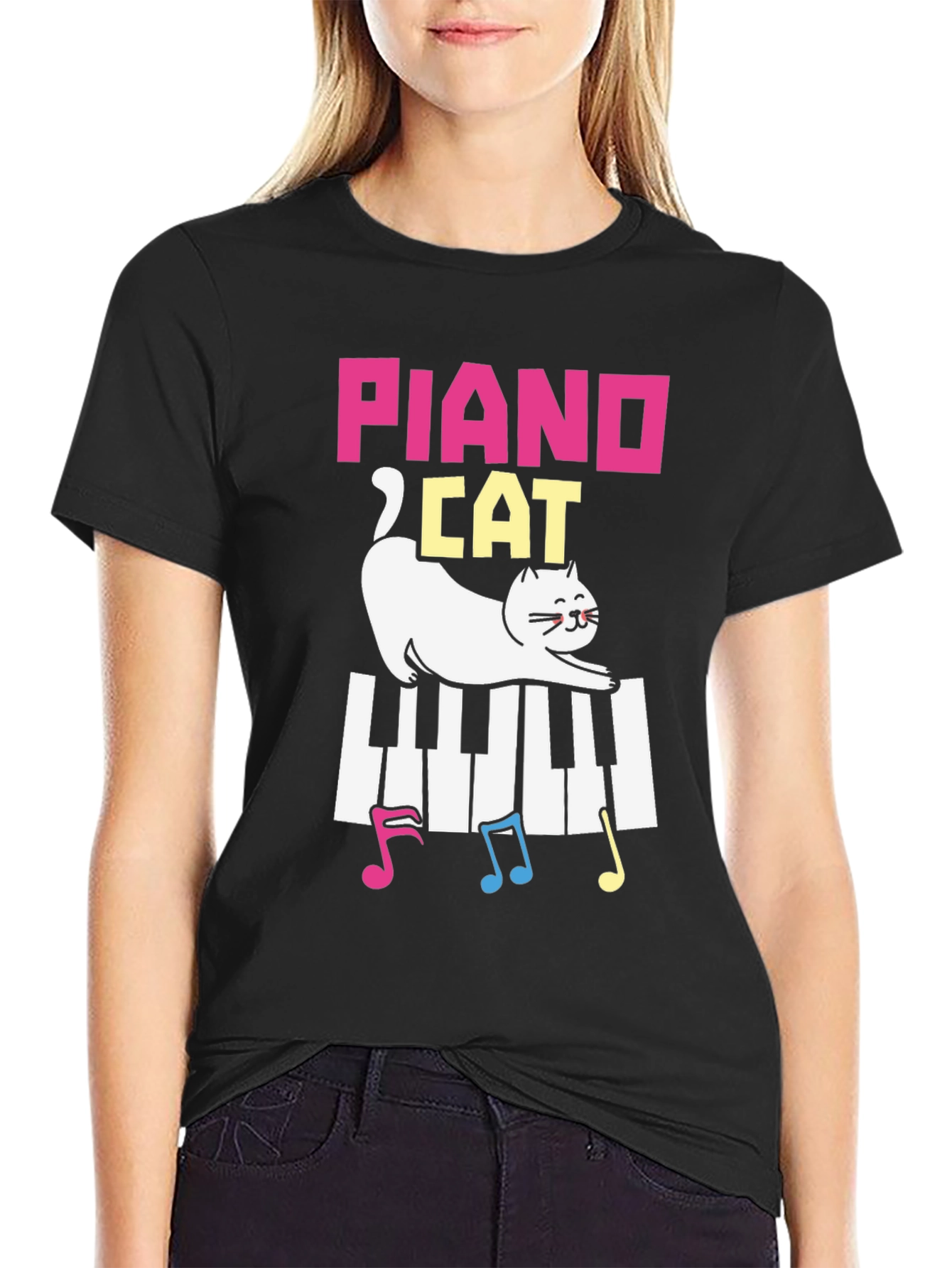 Black Piano Cat T-Shirt - Musical Kitten Tee view 2