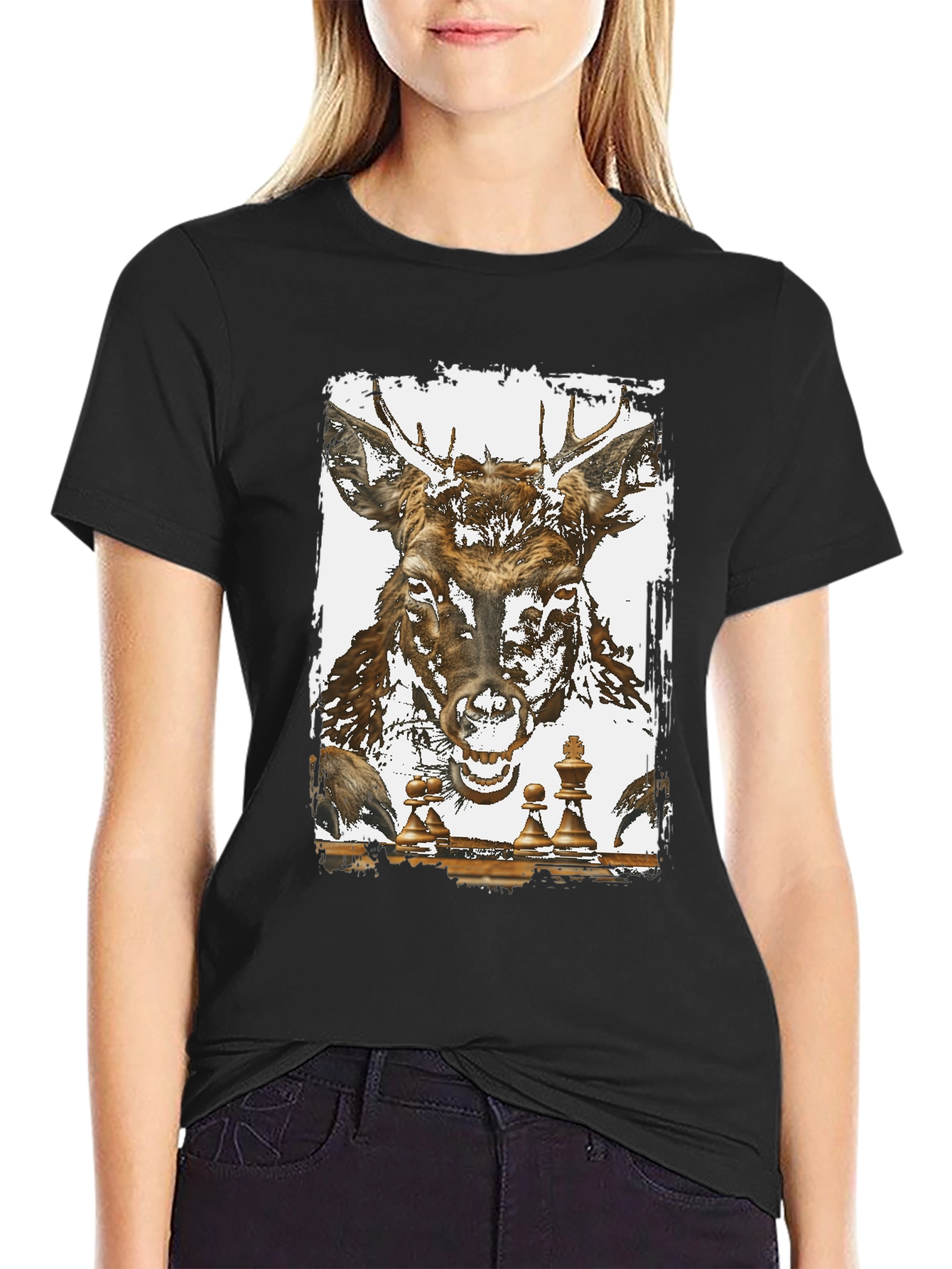 Black Deer Chess Graphic Tee - Unique Animal Art T-Shirt view 2
