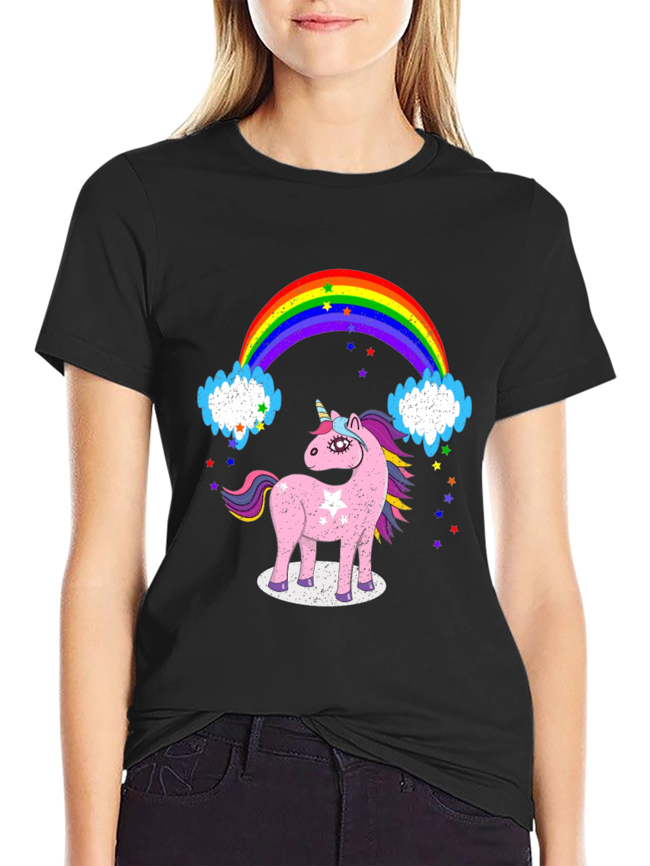 Black Unicorn & Rainbow Graphic Tee - Black Cotton T-Shirt view 2