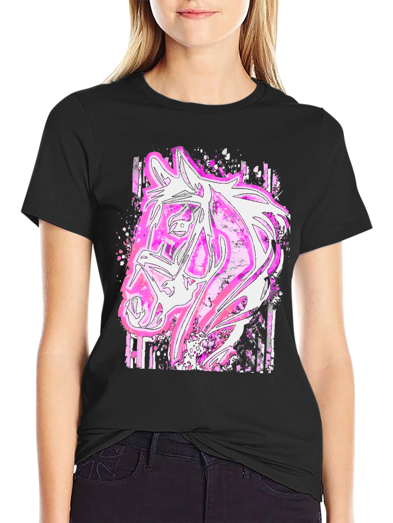 Black Pink Horse Graphic Tee - Stylish Animal Print Shirt view 2
