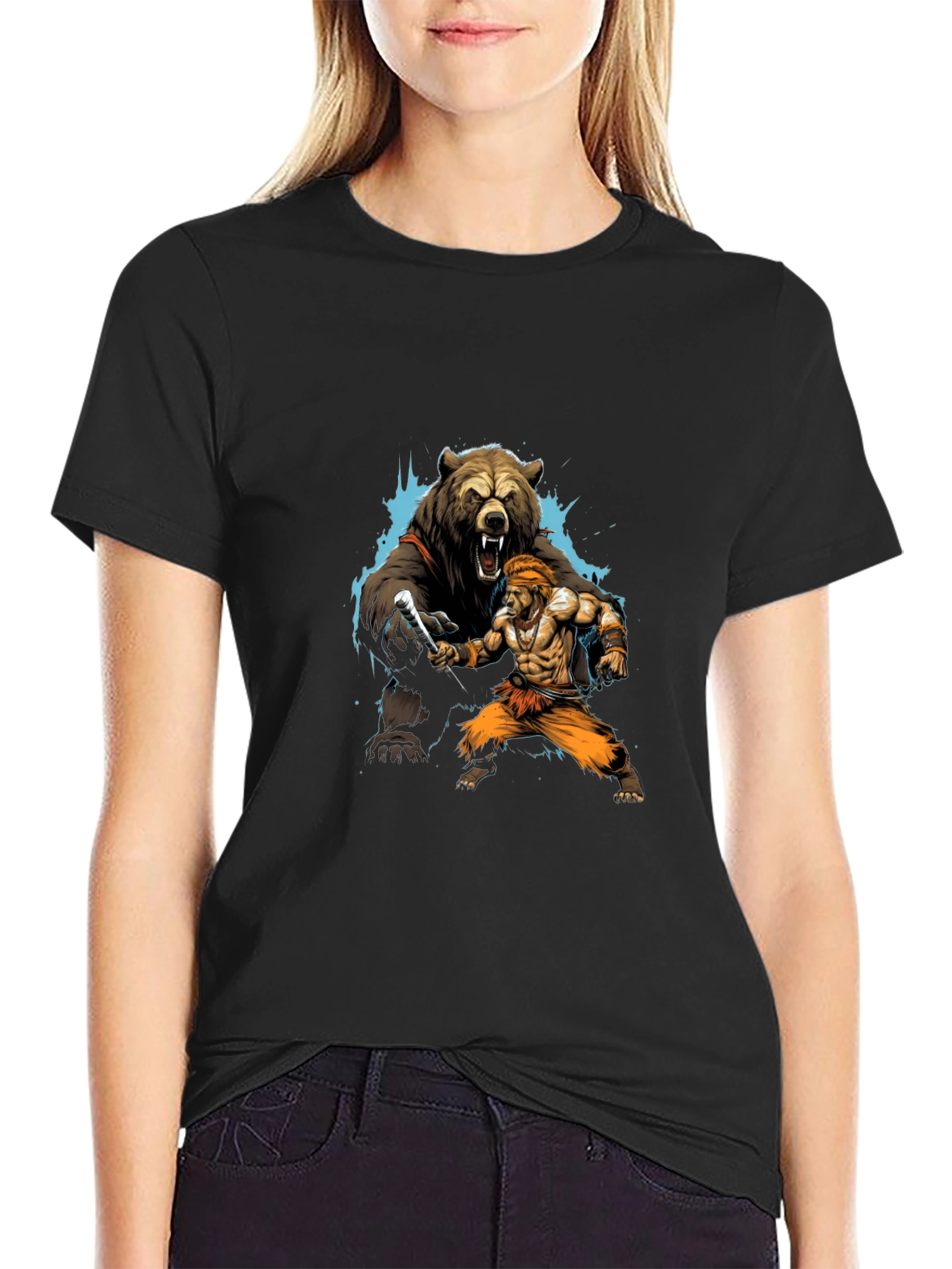 Black Bear vs. Man Graphic T-Shirt - Black Cotton Tee view 2