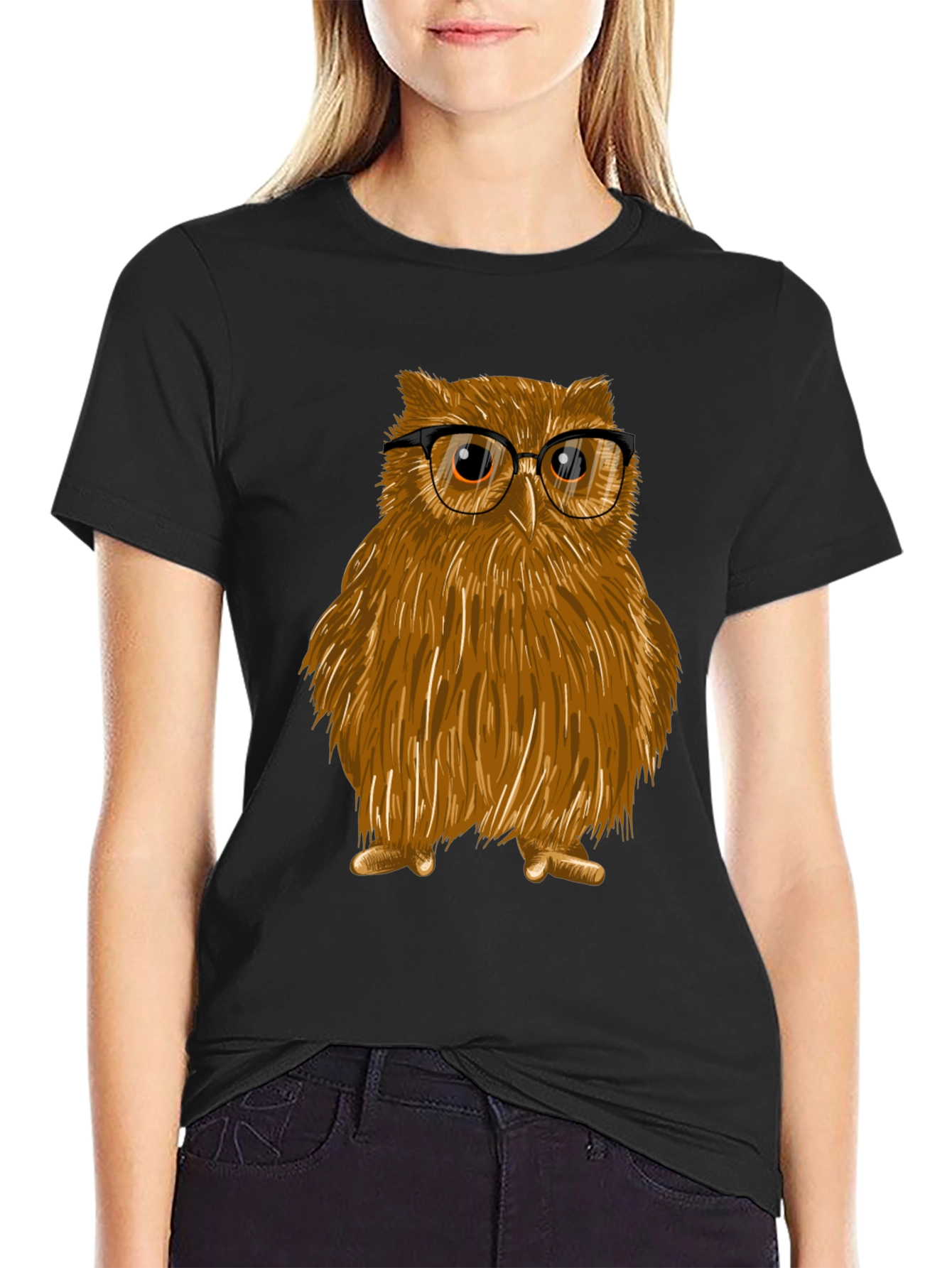Black Owl with Glasses Graphic Tee - Unisex Cotton T-Shirt view 2