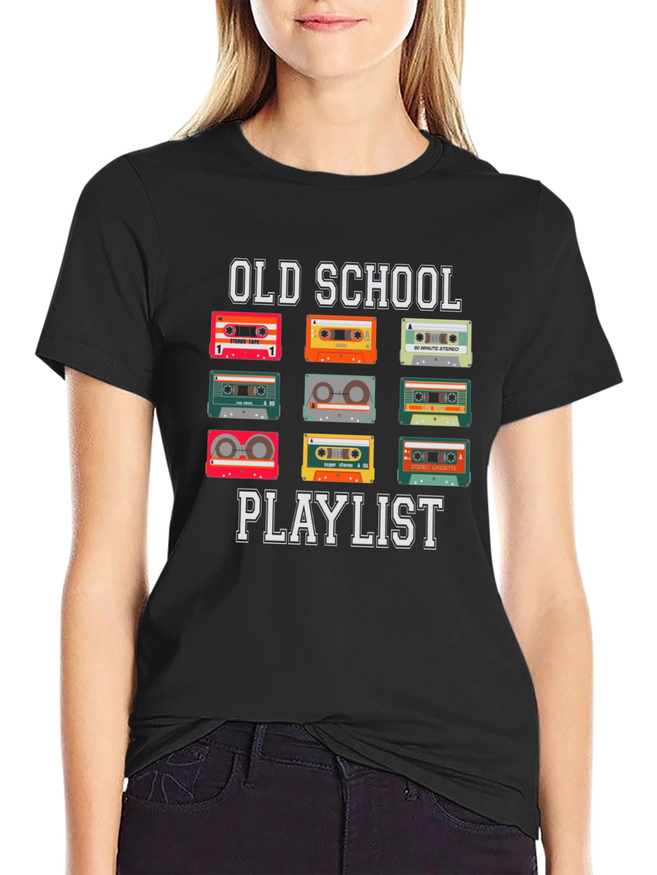 Black Old School Playlist Cassette Tape T-Shirt view 2