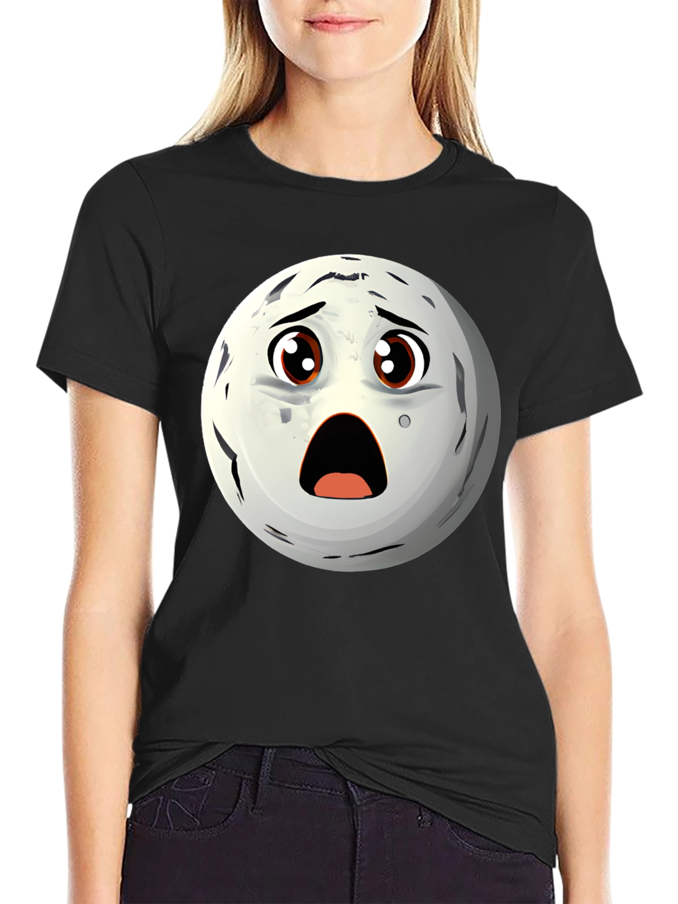 Black Surprised Moon Face Graphic T-Shirt view 2