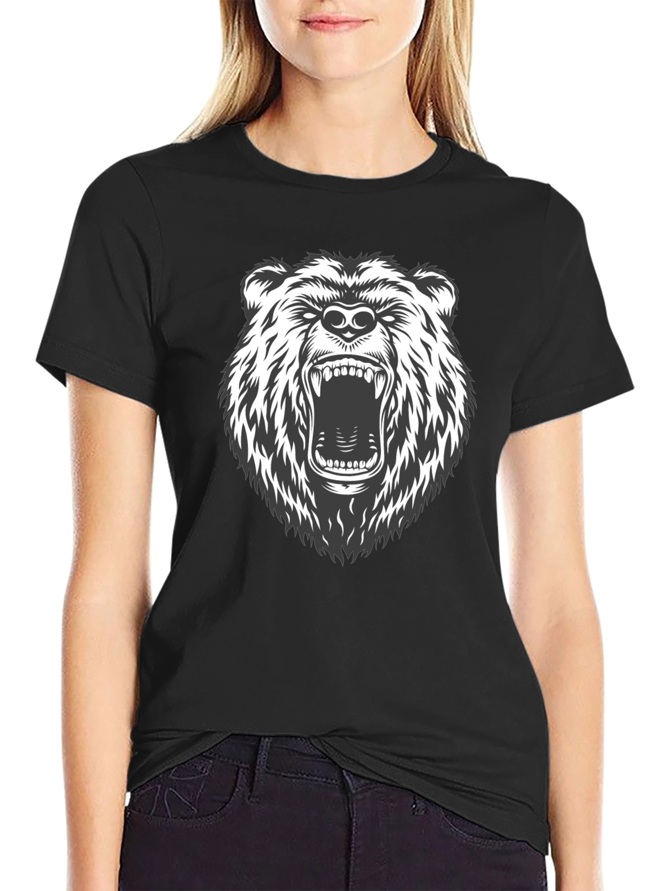 Black Men's Black T-Shirt with Roaring Bear Graphic view 2