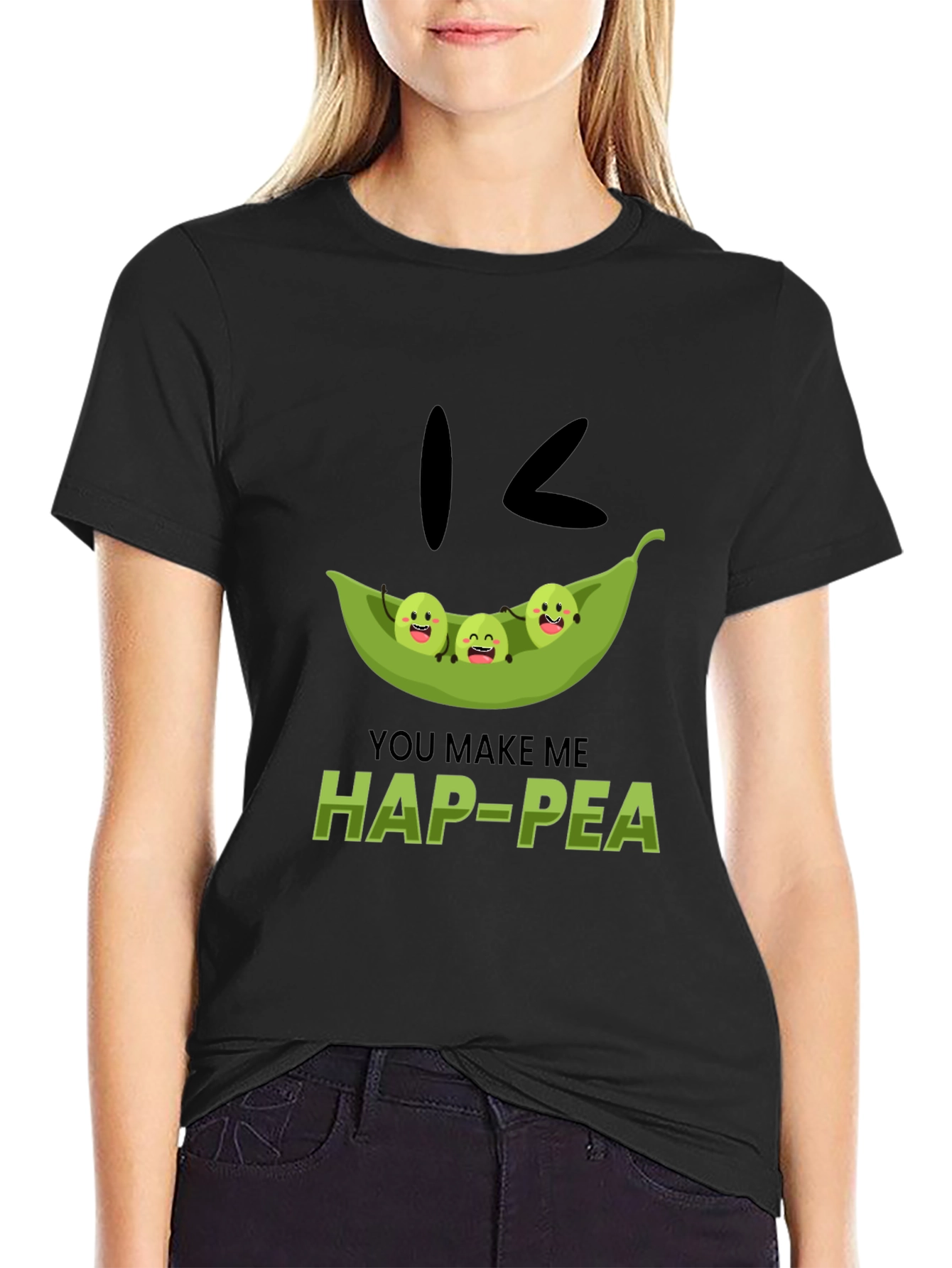 Black Hap-Pea Pun T-Shirt, Cute Peas in a Pod Tee view 2