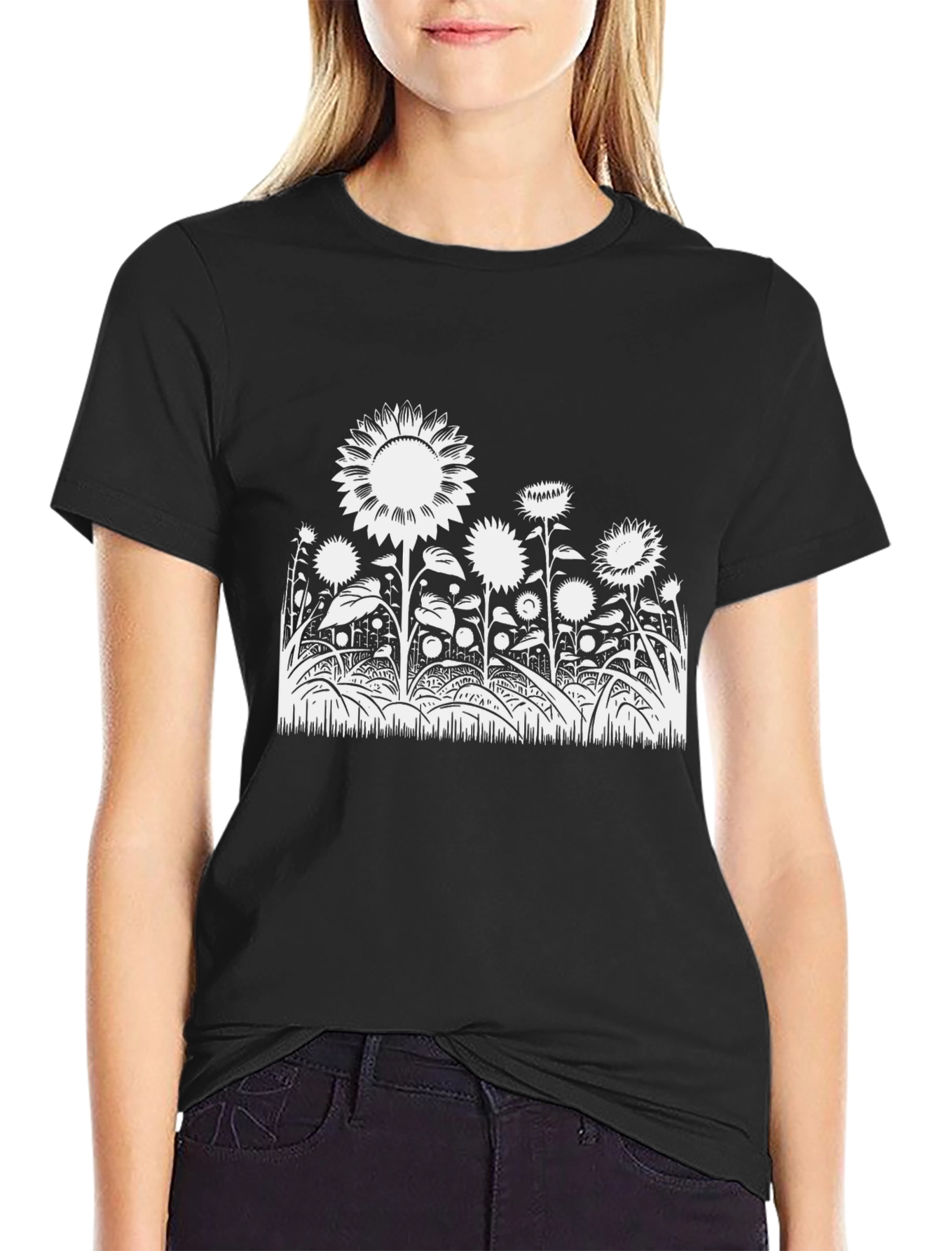 Black Sunflower Graphic Tee - Stylish Black Cotton T-Shirt view 2