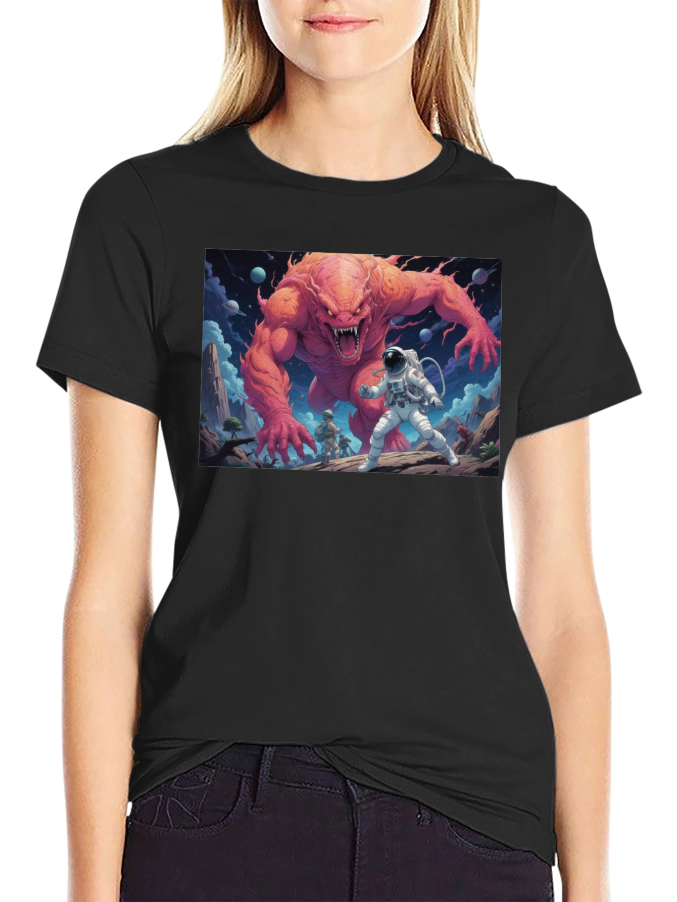 Black Monster Battle Graphic Tee - Sci-Fi Adventure Shirt view 2