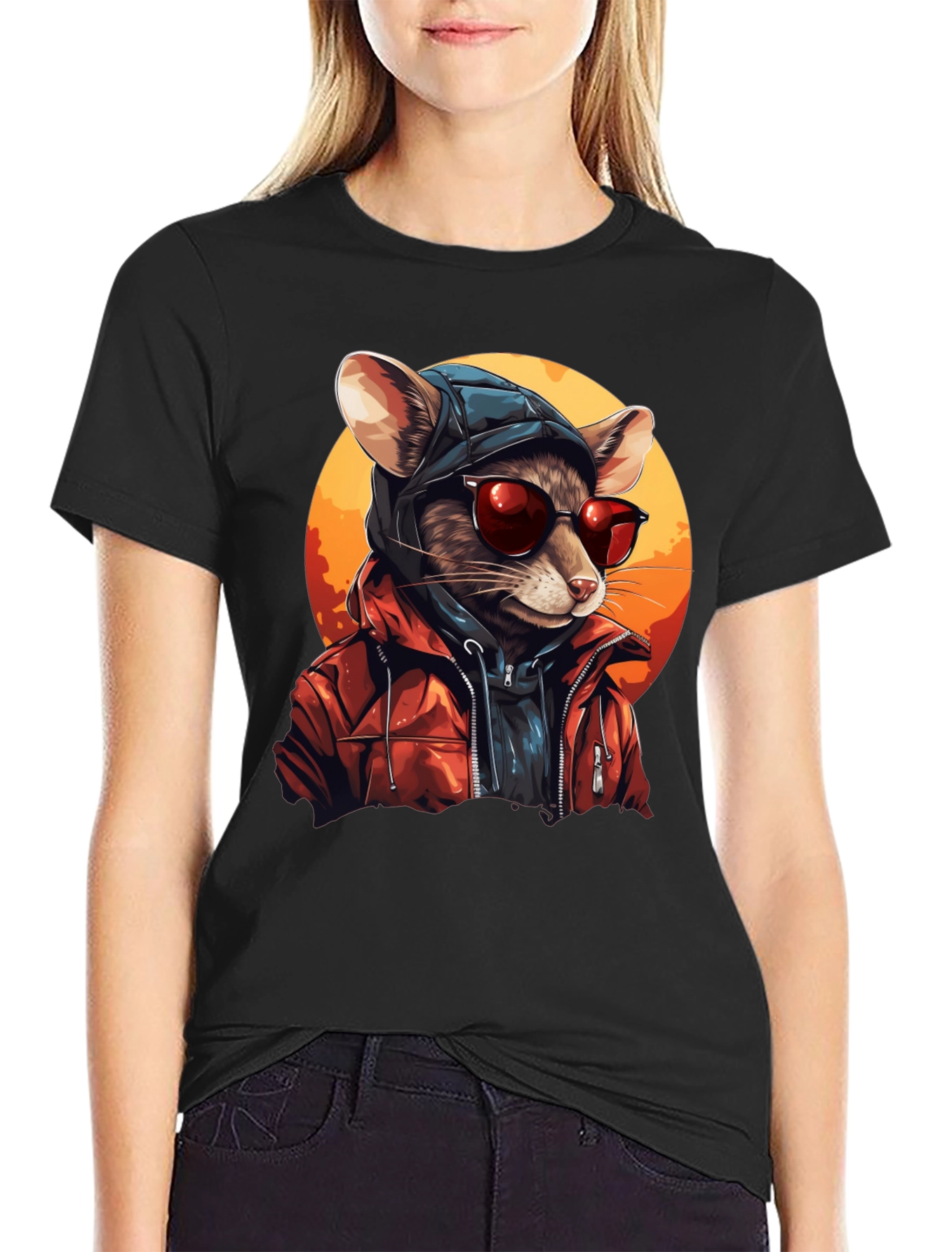 Black Cool Rat in Hoodie Graphic Tee view 2