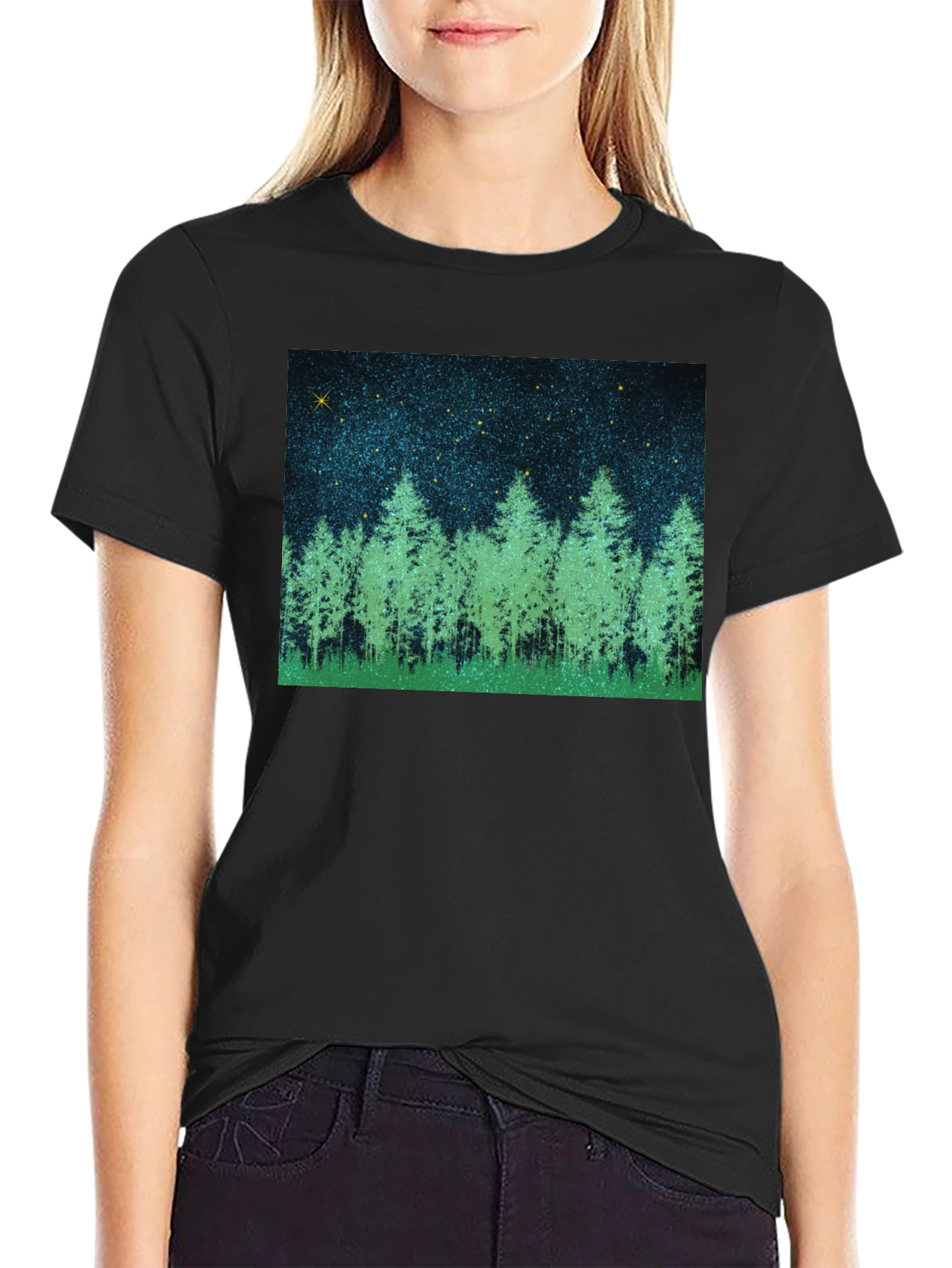 Black Starry Forest Graphic Tee - Black Cotton Blend T-Shirt view 2