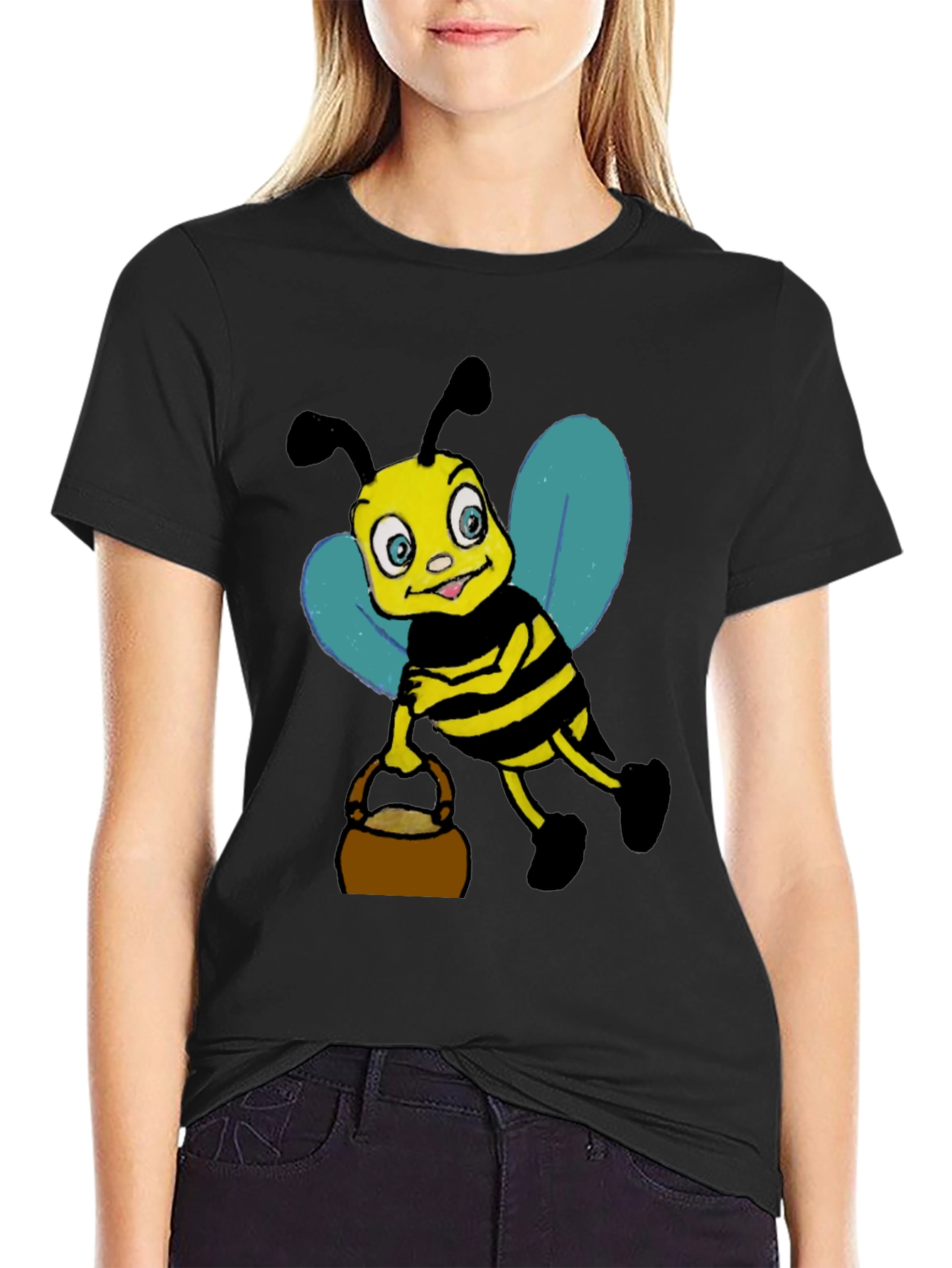 Black Cartoon Bee T-Shirt - Black Cotton Blend view 2