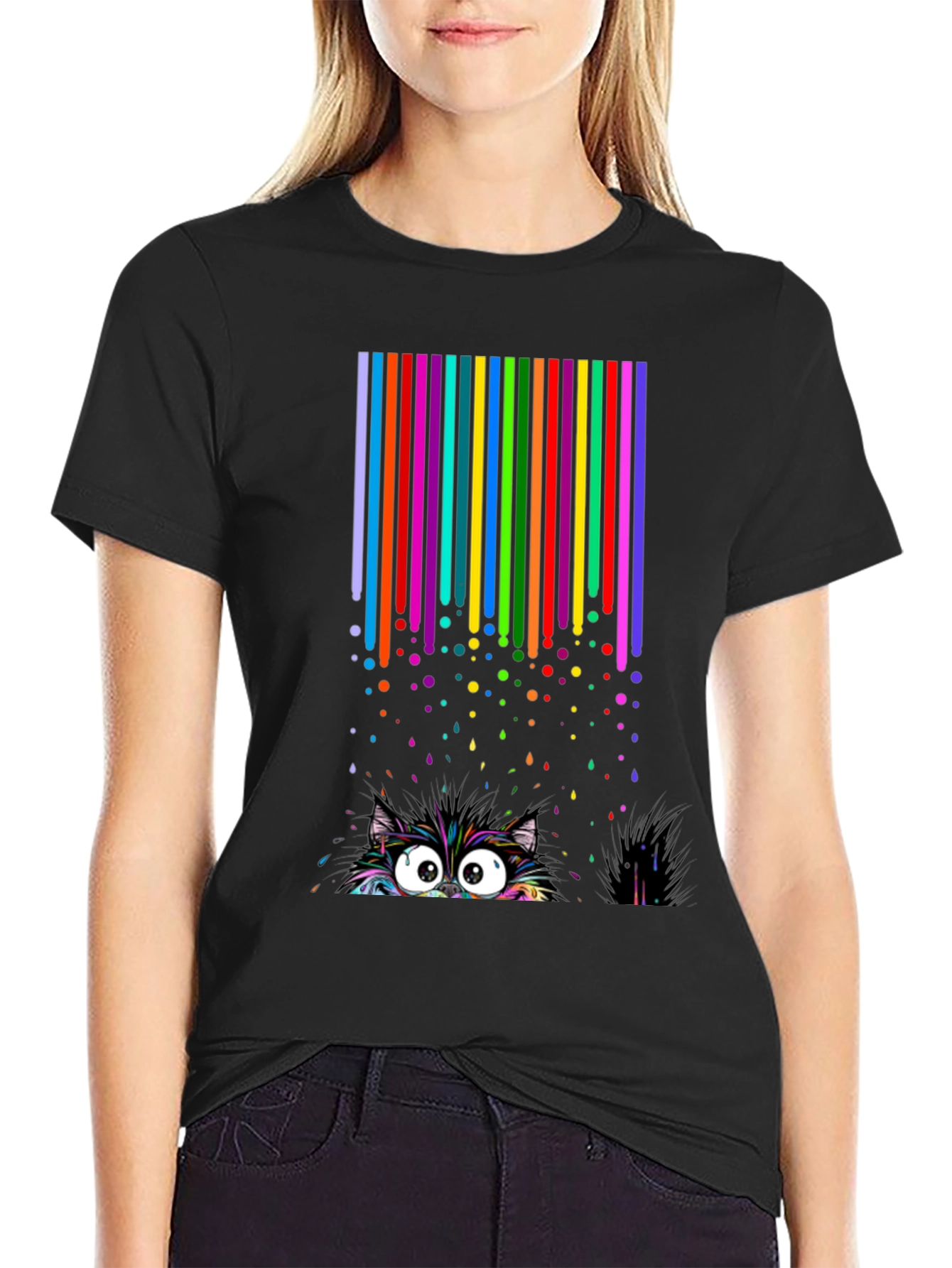 Black Colorful Cat Peek T-Shirt view 2