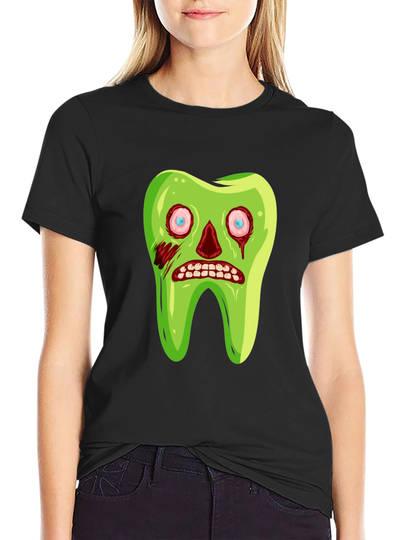 Black Zombie Tooth Graphic Tee - Novelty Halloween Shirt view 2