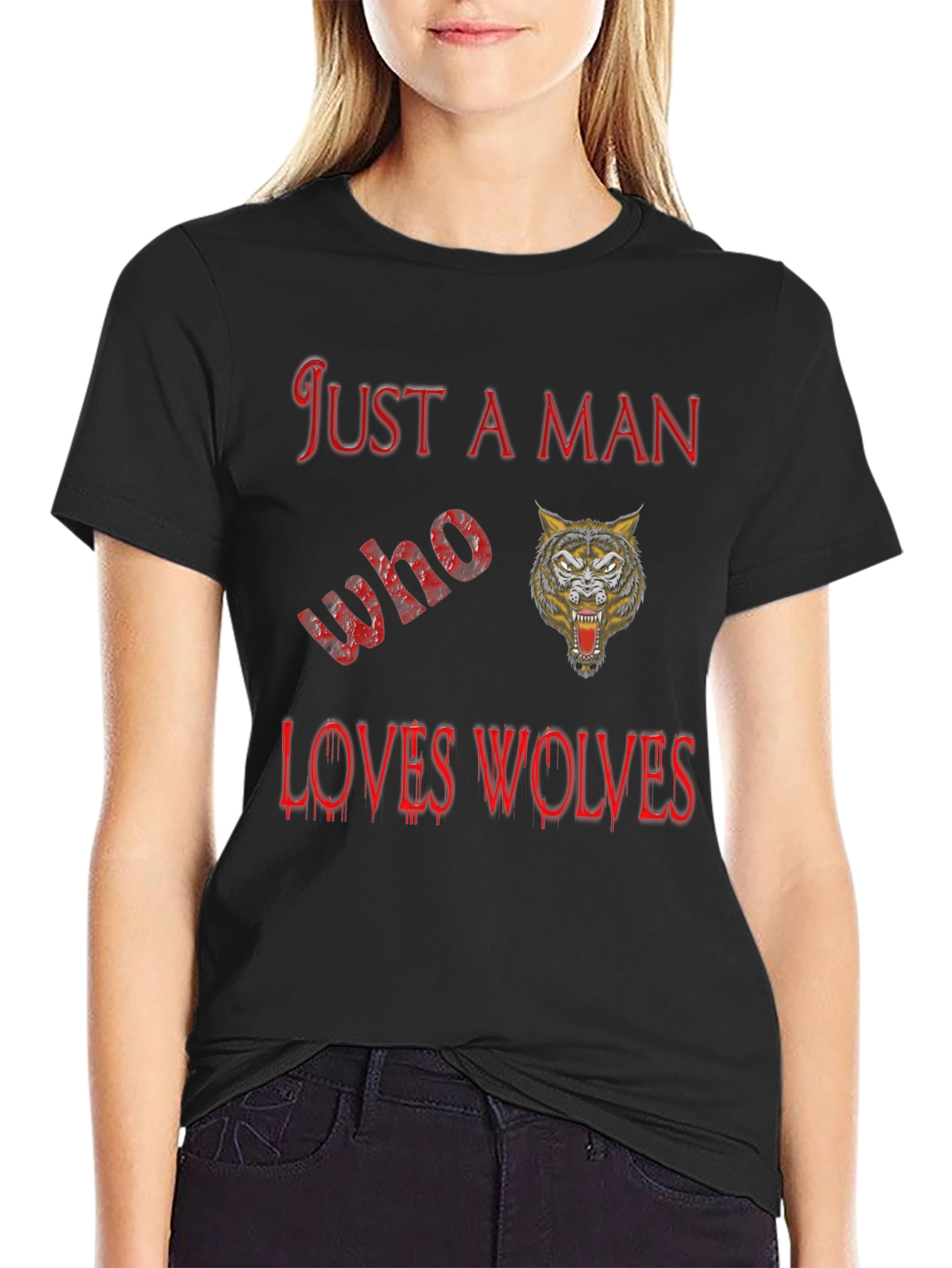 Black Just A Man Who Loves Wolves Black T-Shirt view 2