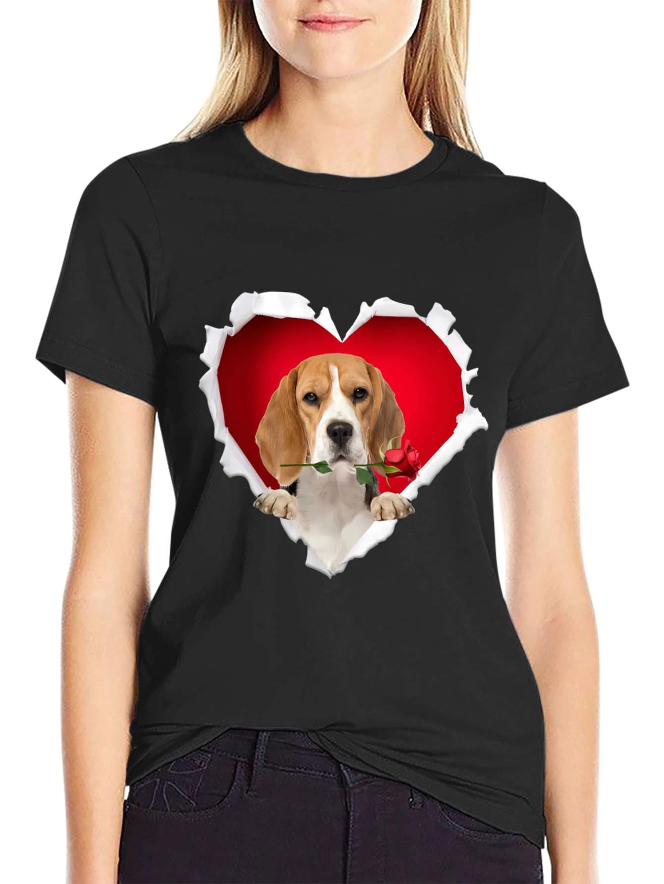 Black Beagle Heart Rose T-Shirt - Cute Dog Lover Tee view 2